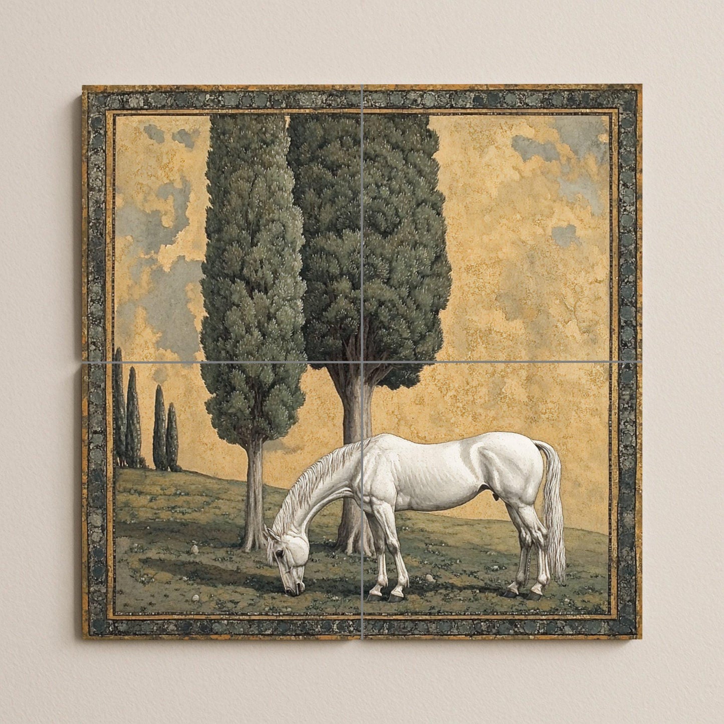 Ceramic mural "Pastoral Grace": White horse under cypress trees, peaceful country scene in classic landscape style