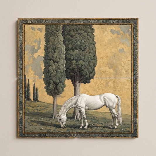 Ceramic mural "Pastoral Grace": White horse under cypress trees, peaceful country scene in classic landscape style