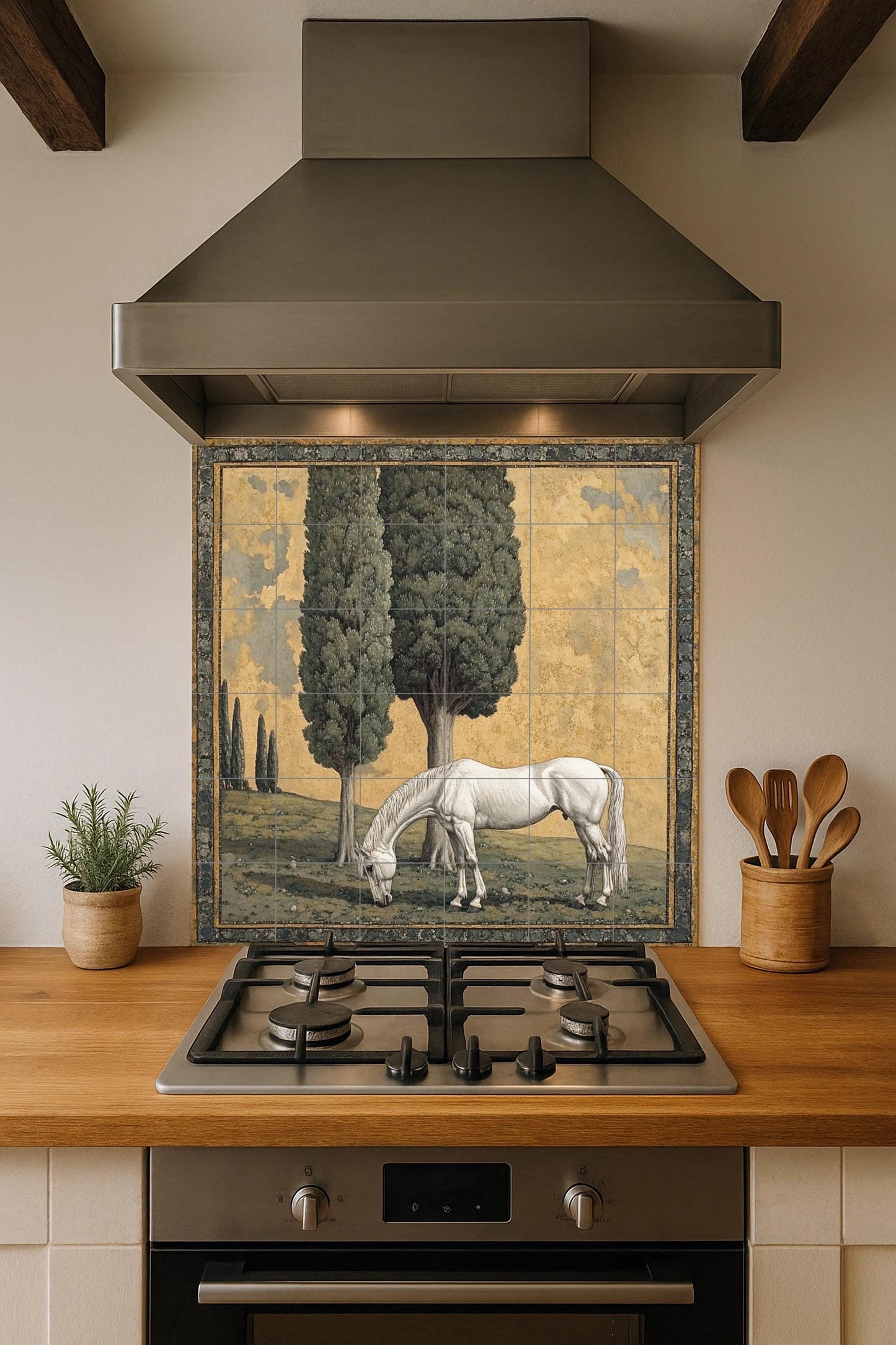 Ceramic mural "Pastoral Grace": White horse under cypress trees, peaceful country scene in classic landscape style