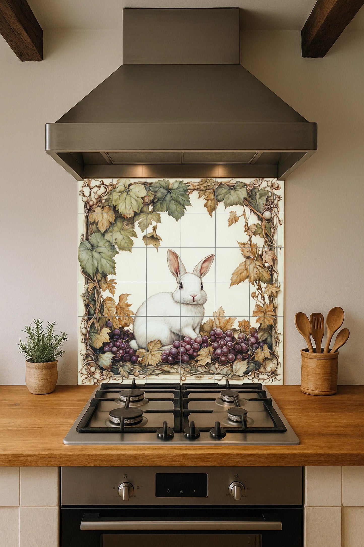 "Vineyard Rabbit" Ceramic Mural: White hare among grapes and autumn leaves. Naturalistic illustration in a warm vintage palette.