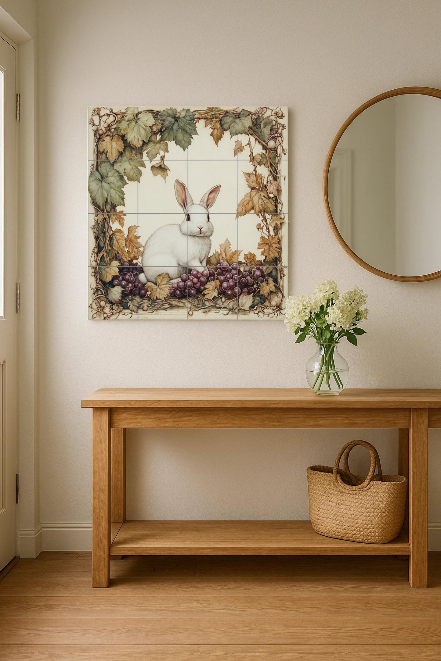 "Vineyard Rabbit" Ceramic Mural: White hare among grapes and autumn leaves. Naturalistic illustration in a warm vintage palette.