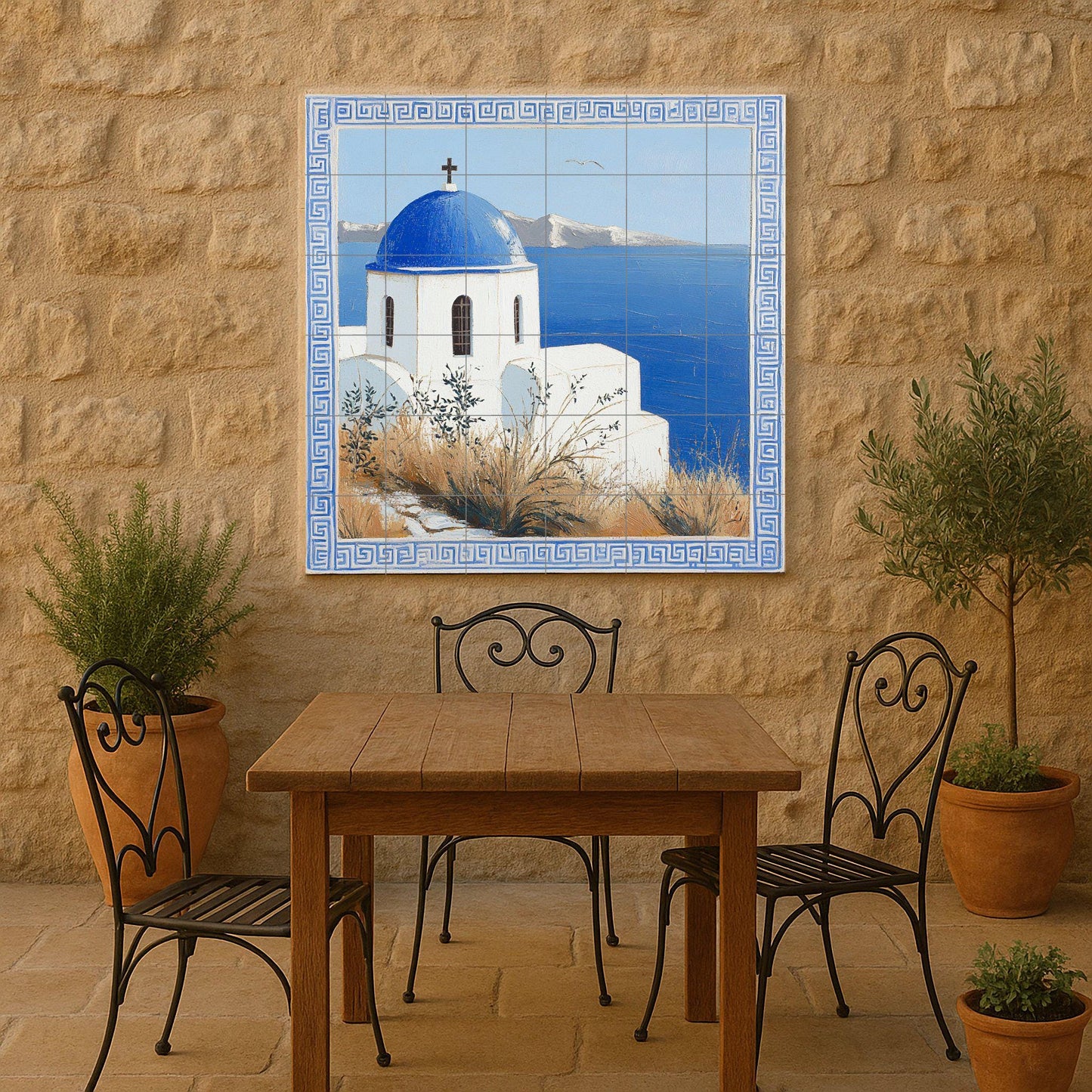 Ceramic mural Aegean Horizon: Blue dome and white walls above the sea, serenity on a Greek island with Mediterranean light.