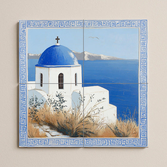 Ceramic mural Aegean Horizon: Blue dome and white walls above the sea, serenity on a Greek island with Mediterranean light.