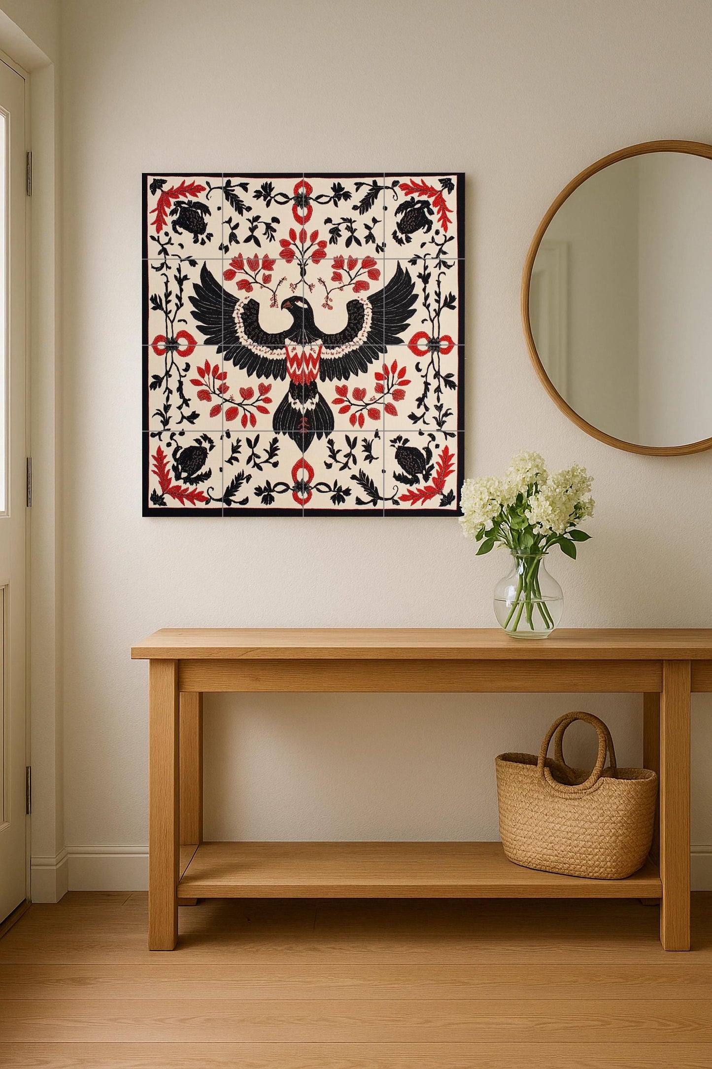Ceramic mural of eagle and vine: Albanian folk motif with symmetry in black and red, artistic mosaic inspired by cultural heritage.