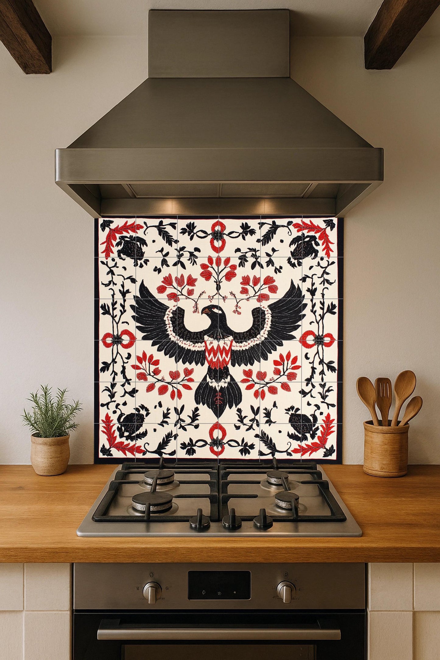 Ceramic mural of eagle and vine: Albanian folk motif with symmetry in black and red, artistic mosaic inspired by cultural heritage.