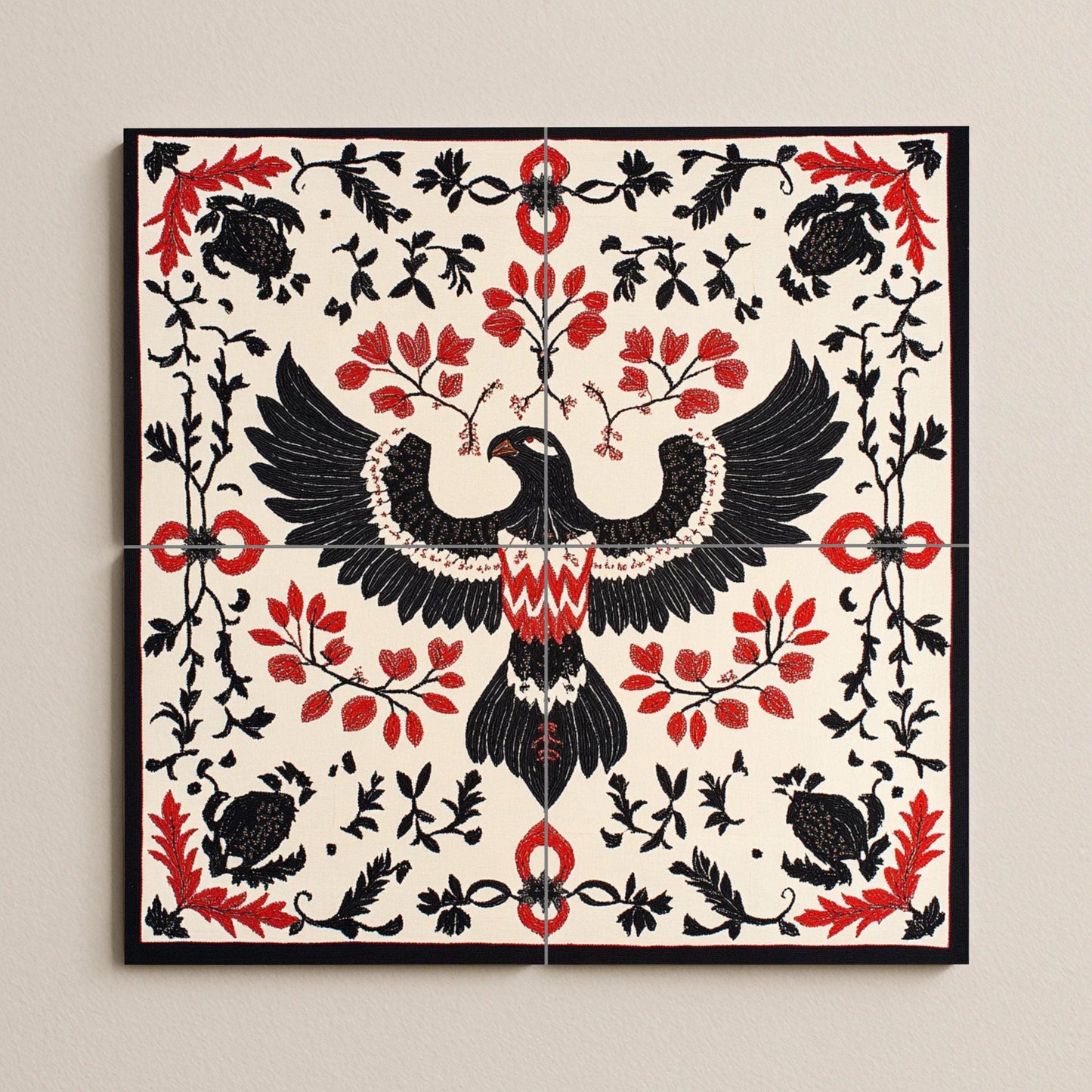 Ceramic mural of eagle and vine: Albanian folk motif with symmetry in black and red, artistic mosaic inspired by cultural heritage.
