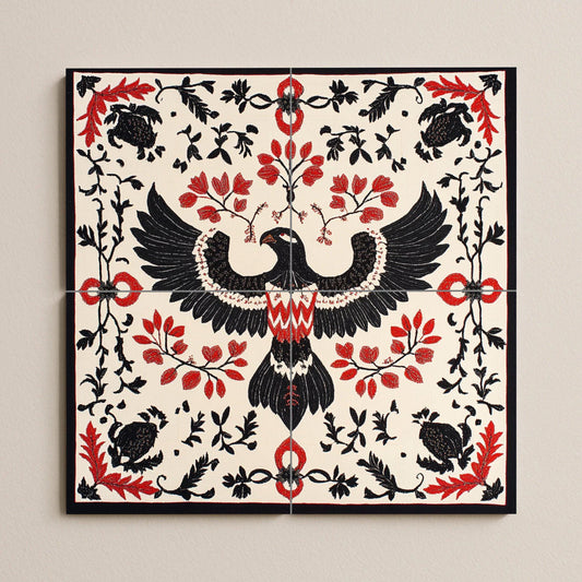 Ceramic mural of eagle and vine: Albanian folk motif with symmetry in black and red, artistic mosaic inspired by cultural heritage.
