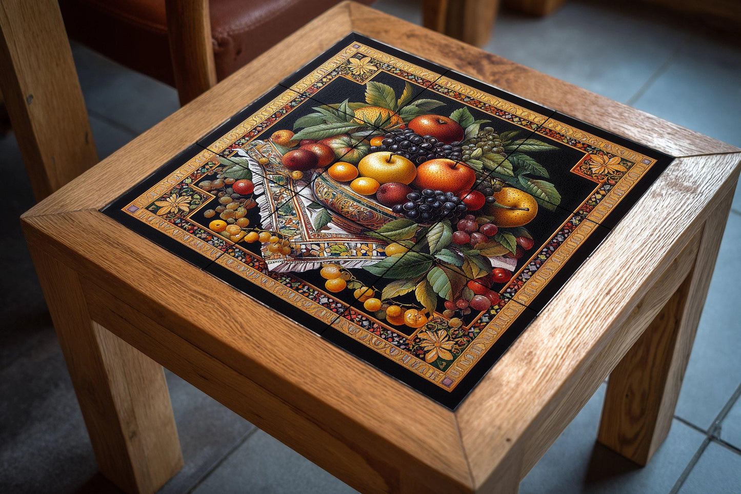 "Golden Harvest" ceramic mural: Classic still life with apples, grapes and autumn fruits in an elaborate Renaissance style.