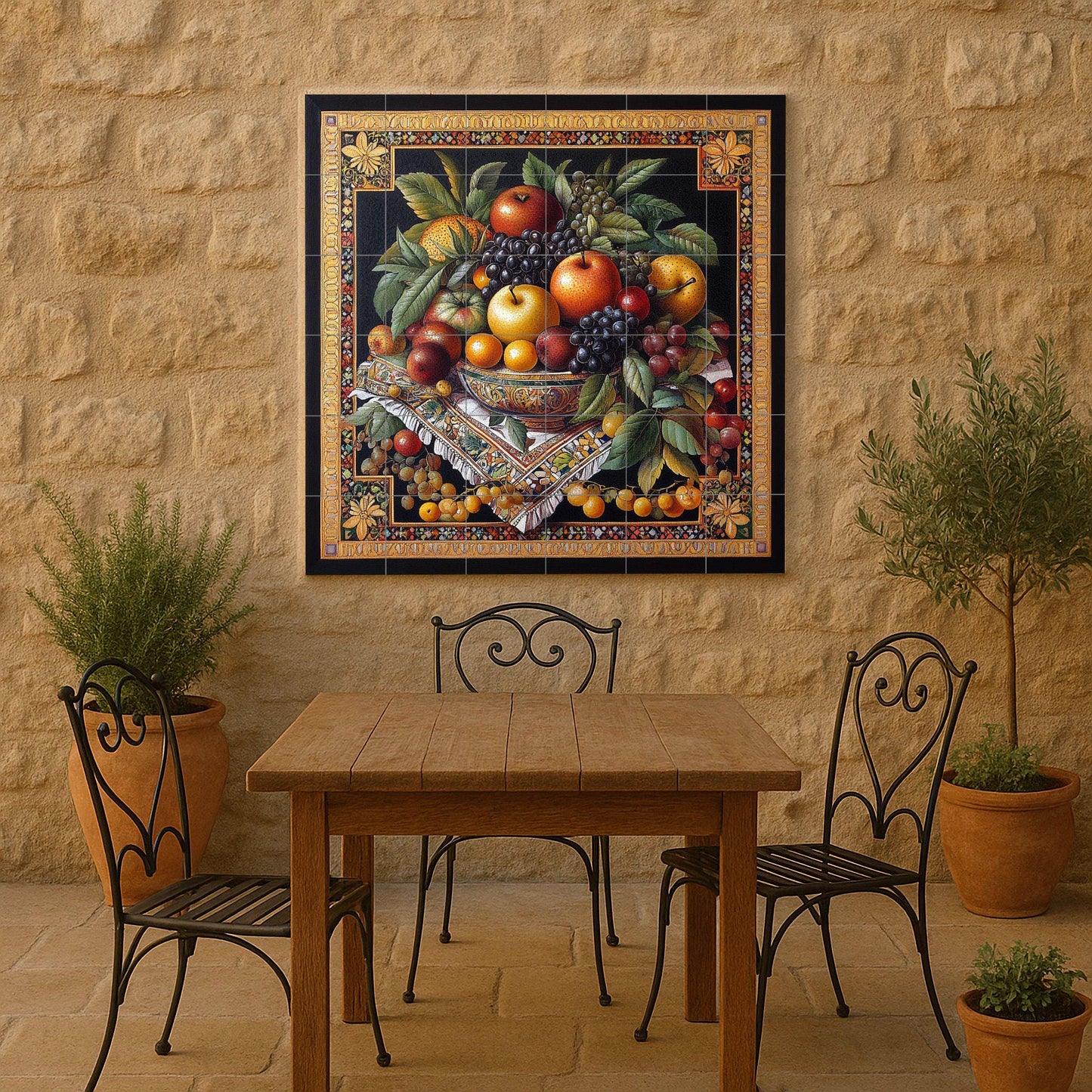 "Golden Harvest" ceramic mural: Classic still life with apples, grapes and autumn fruits in an elaborate Renaissance style.