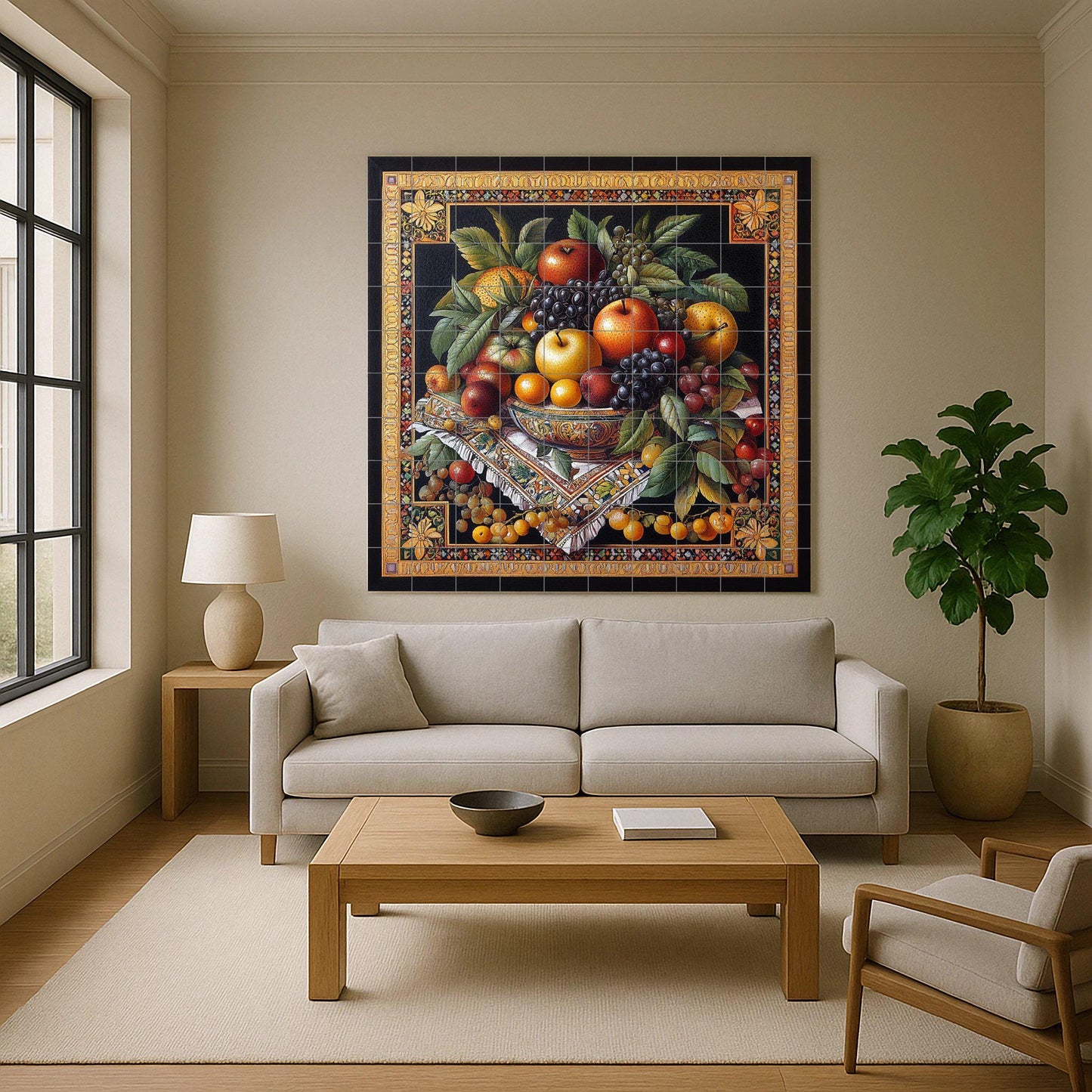 "Golden Harvest" ceramic mural: Classic still life with apples, grapes and autumn fruits in an elaborate Renaissance style.