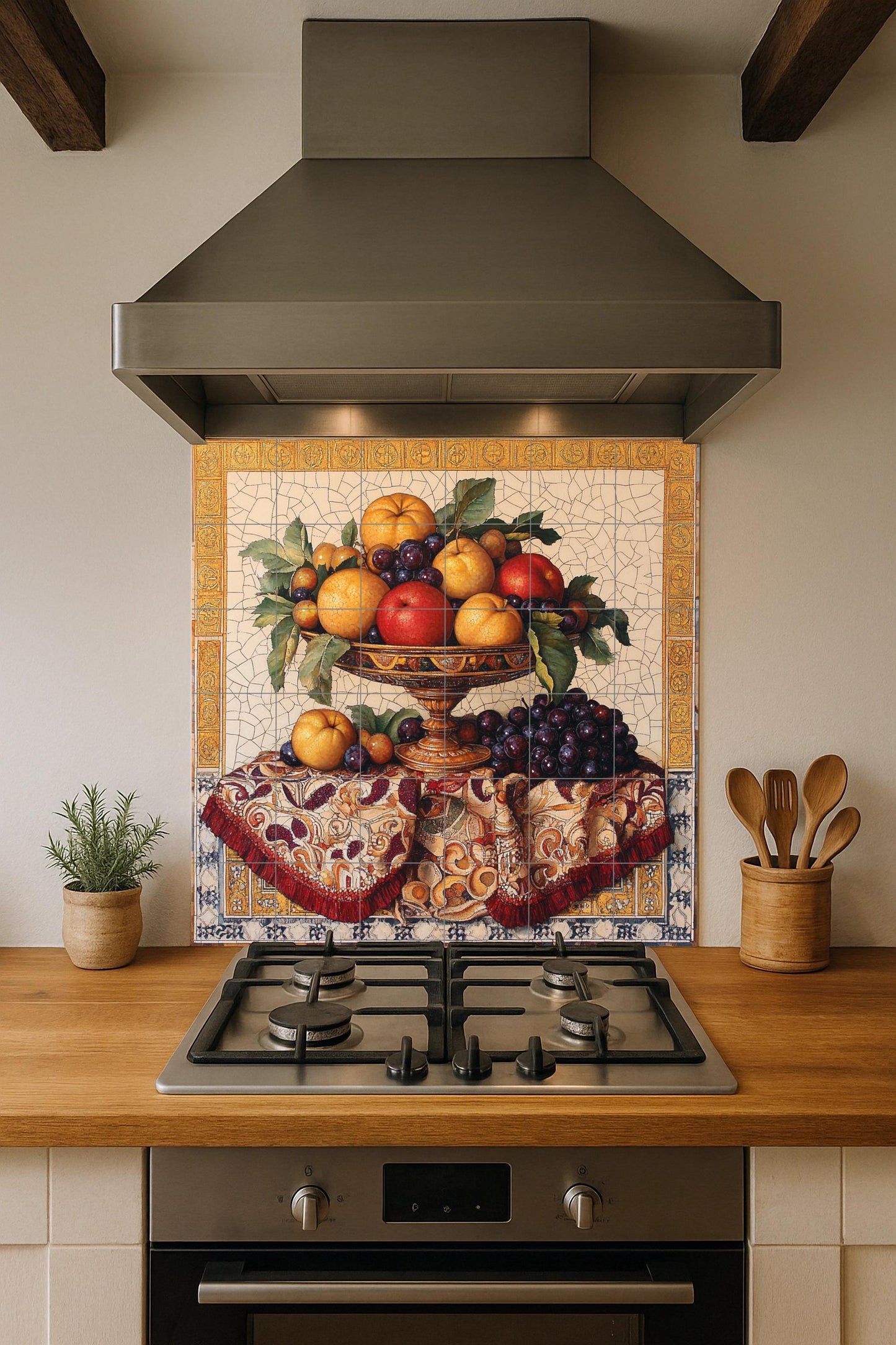 Ceramic still life mural: Baroque composition of fruits with golden details: grapes, apples and oranges on ornamental fabric.