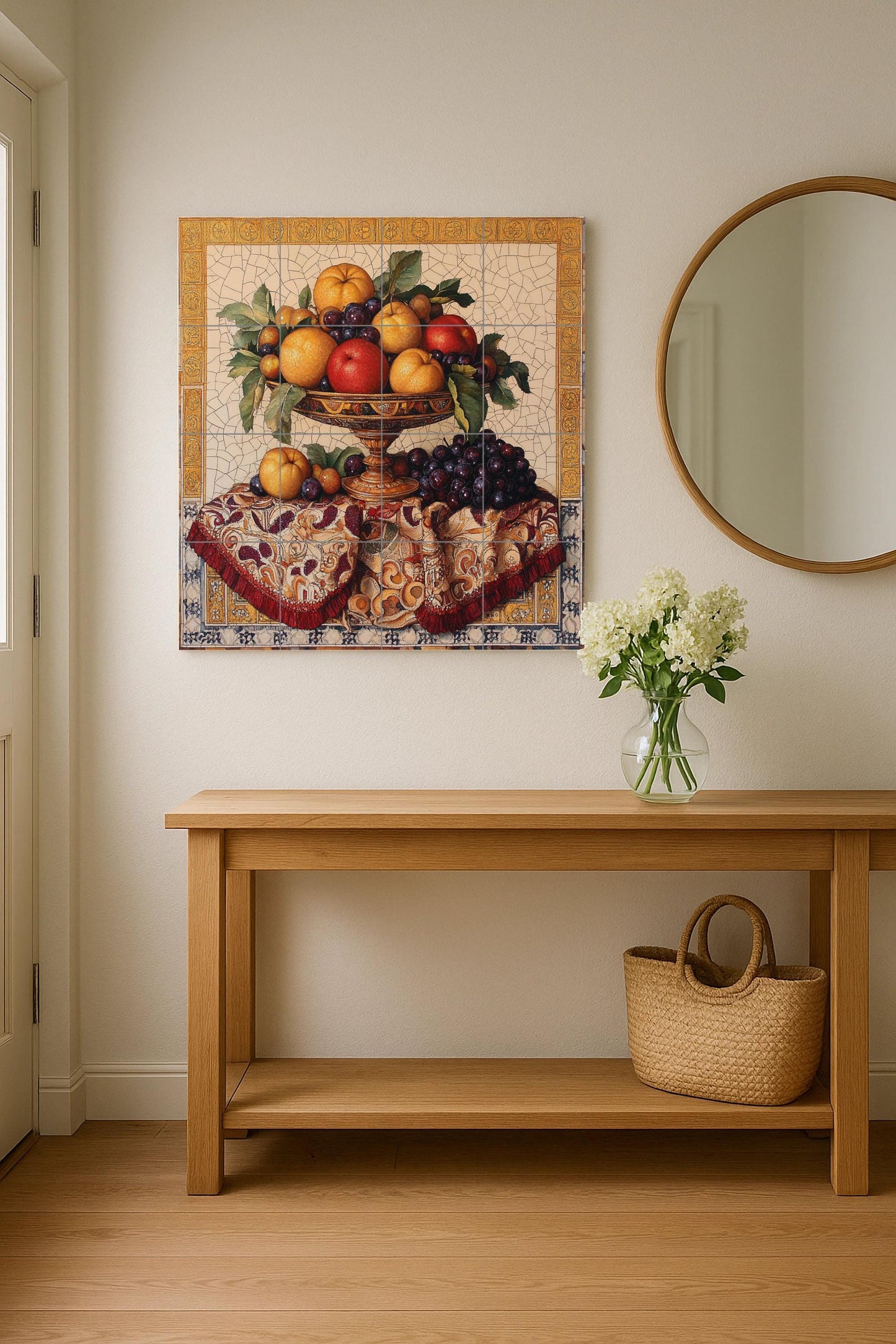Ceramic still life mural: Baroque composition of fruits with golden details: grapes, apples and oranges on ornamental fabric.