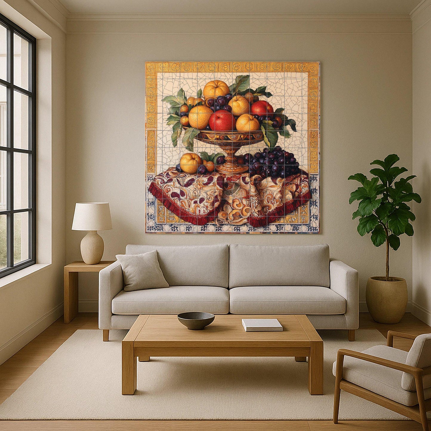 Ceramic still life mural: Baroque composition of fruits with golden details: grapes, apples and oranges on ornamental fabric.