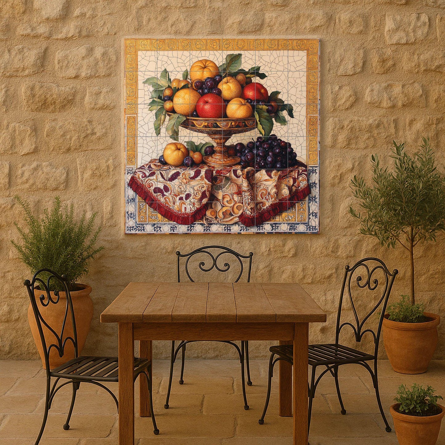 Ceramic still life mural: Baroque composition of fruits with golden details: grapes, apples and oranges on ornamental fabric.