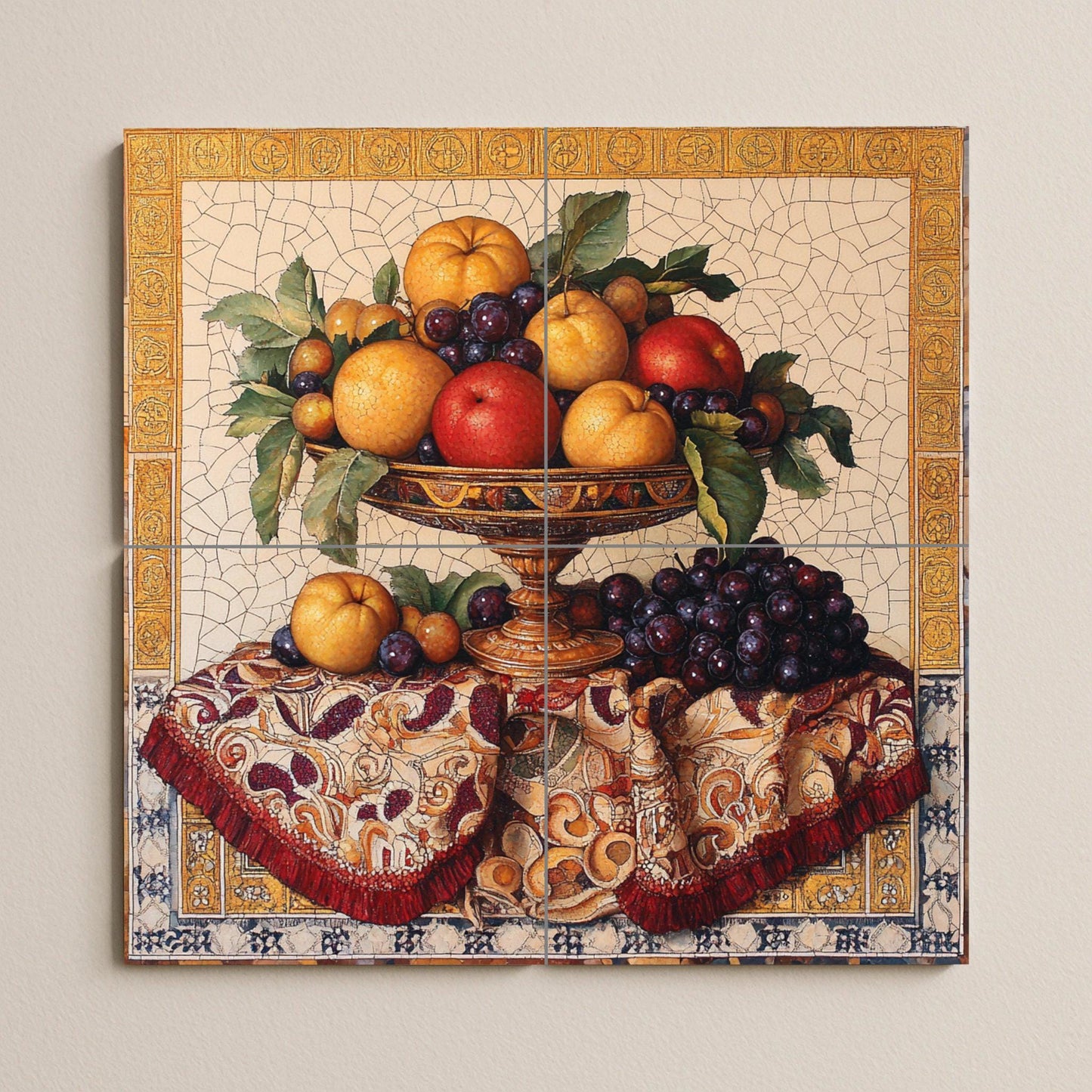 Ceramic still life mural: Baroque composition of fruits with golden details: grapes, apples and oranges on ornamental fabric.