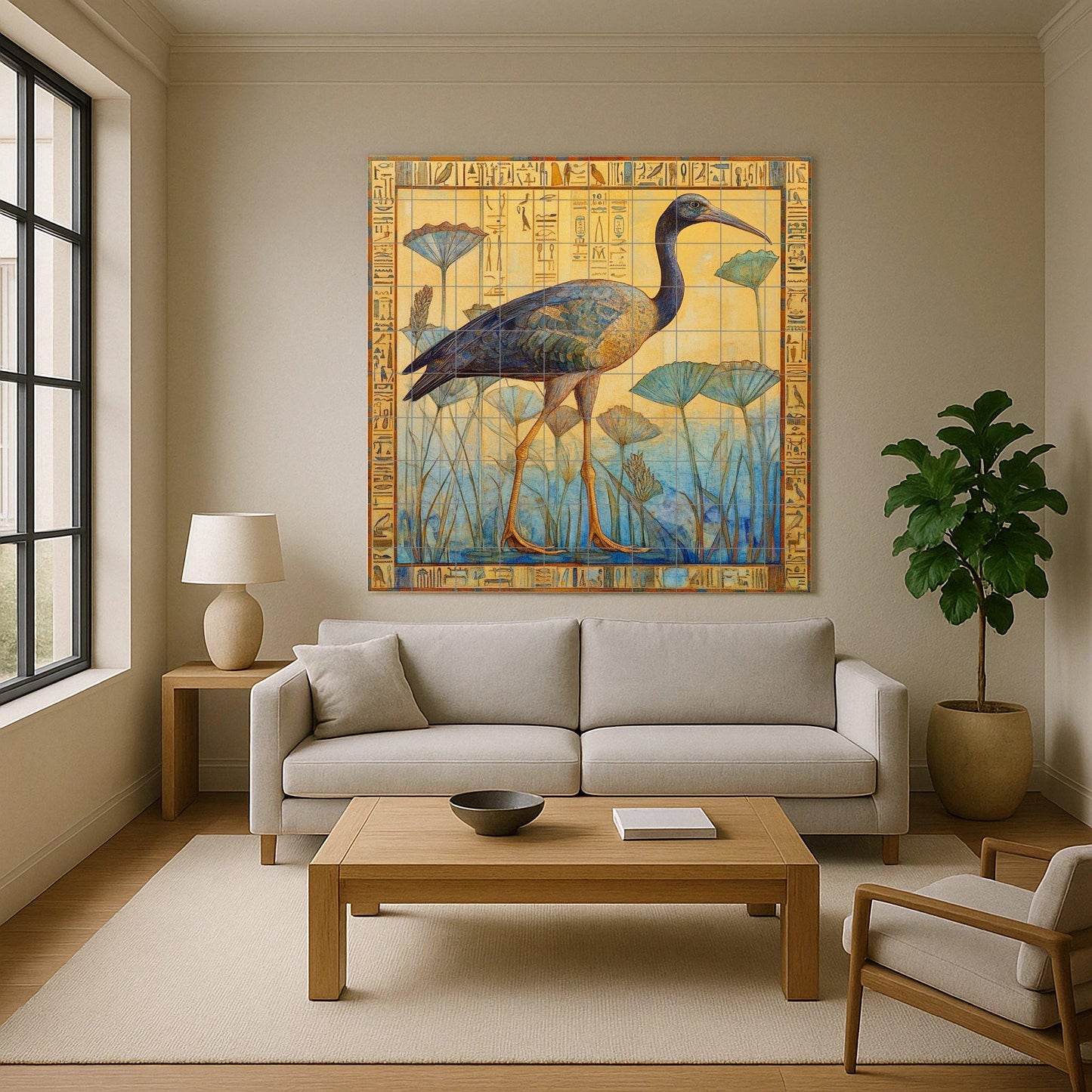 Ceramic mural with ibis among papyrus: Egyptian-inspired tile artwork with hieroglyphic border in muted yellow and blue.