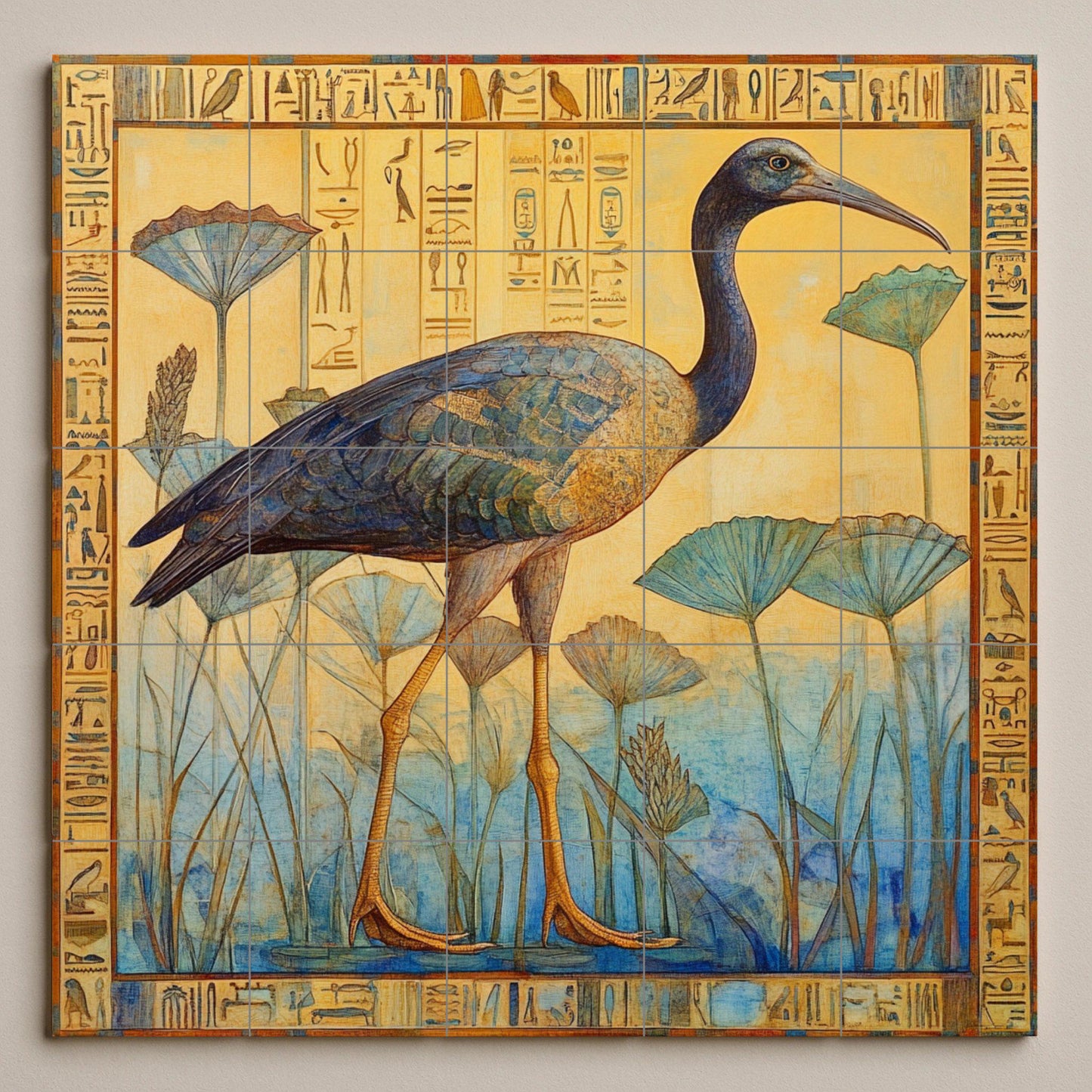 Ceramic mural with ibis among papyrus: Egyptian-inspired tile artwork with hieroglyphic border in muted yellow and blue.