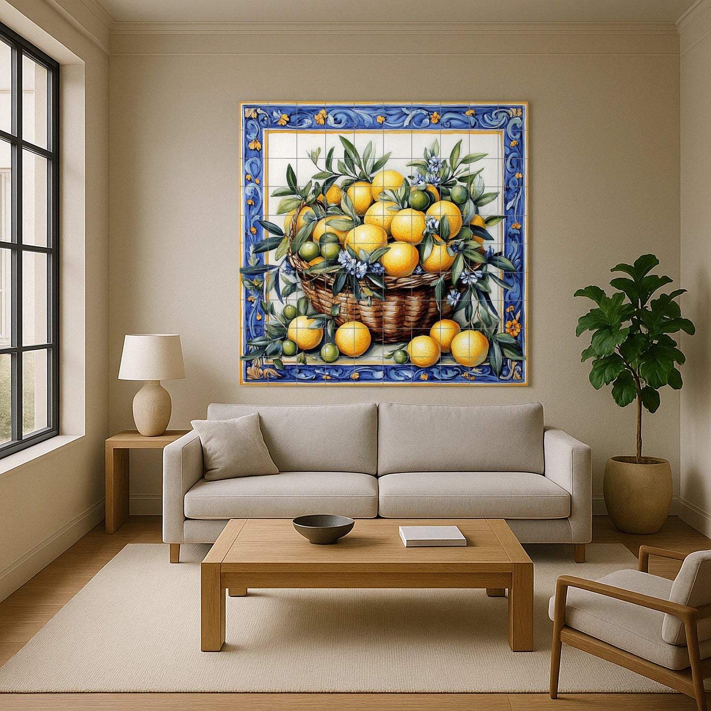 Ceramic mural with basket of lemons and oranges: blue floral border, Mediterranean citrus tile artwork with green leaves and flowers.