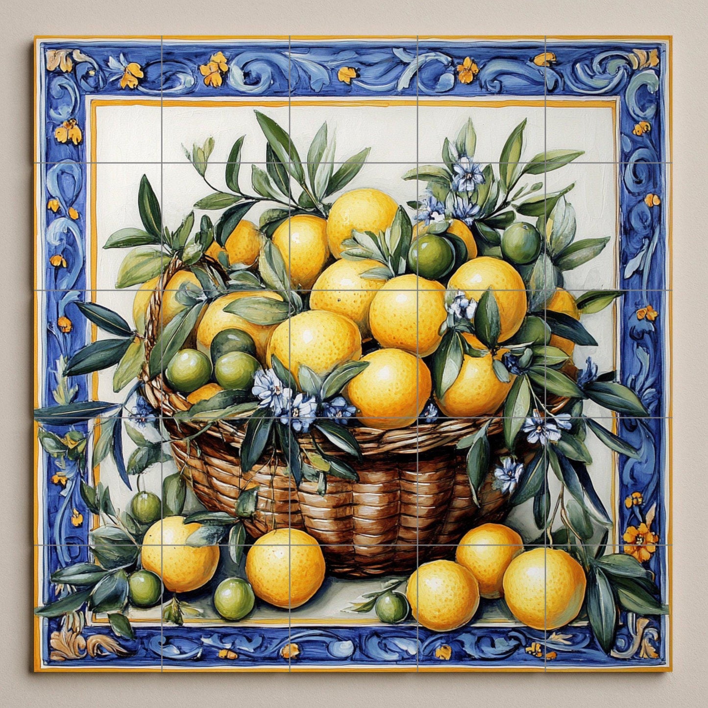 Ceramic mural with basket of lemons and oranges: blue floral border, Mediterranean citrus tile artwork with green leaves and flowers.