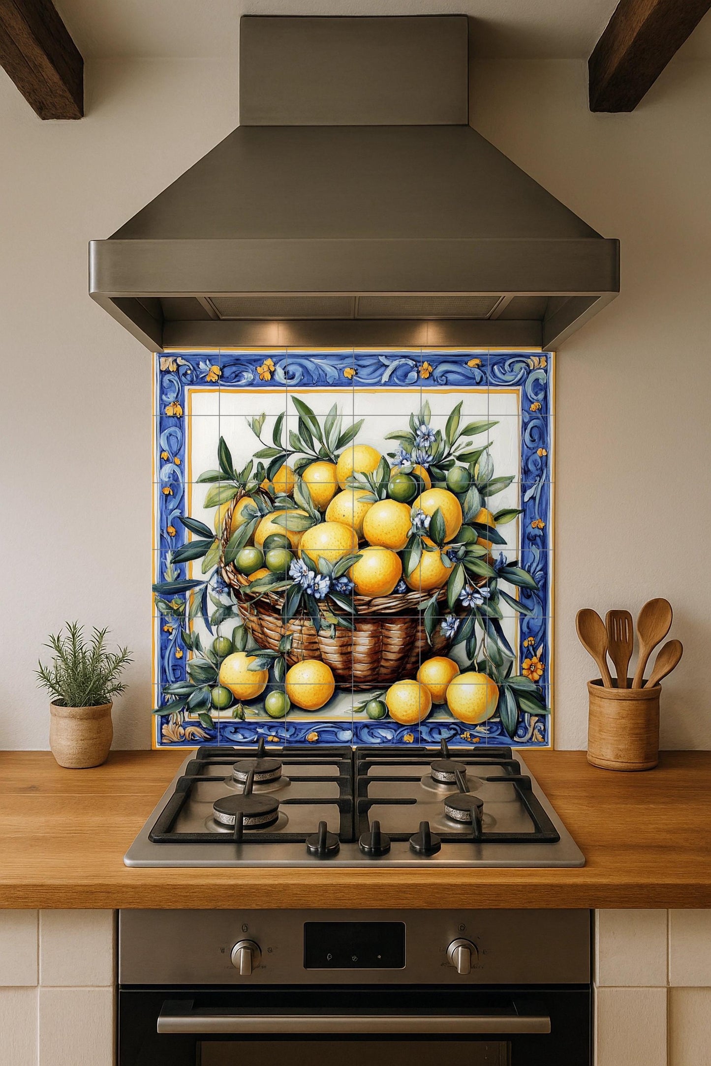 Ceramic mural with basket of lemons and oranges: blue floral border, Mediterranean citrus tile artwork with green leaves and flowers.