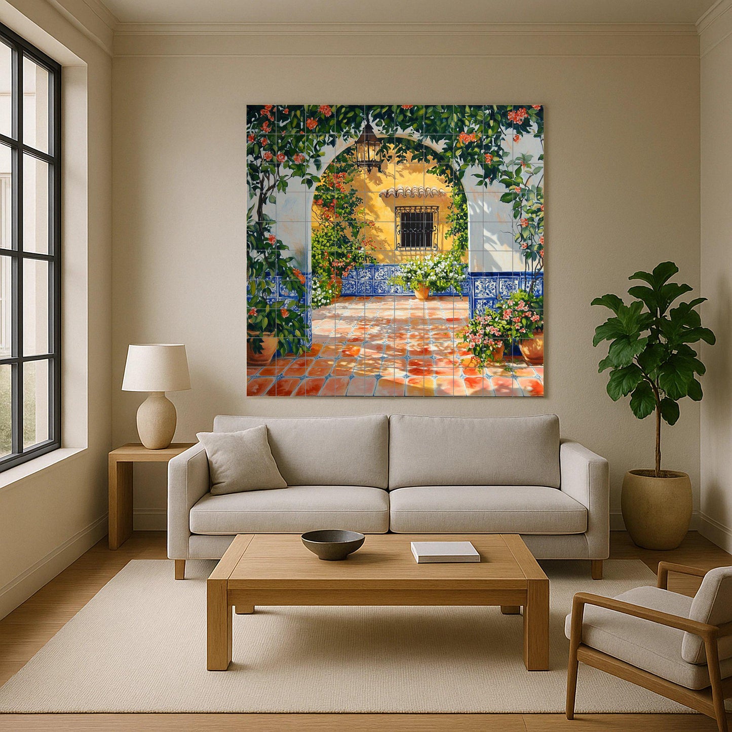 Ceramic mural with sunny patio and blue tiled arch: Mediterranean patio scene with flowers, lantern and terracotta floor.
