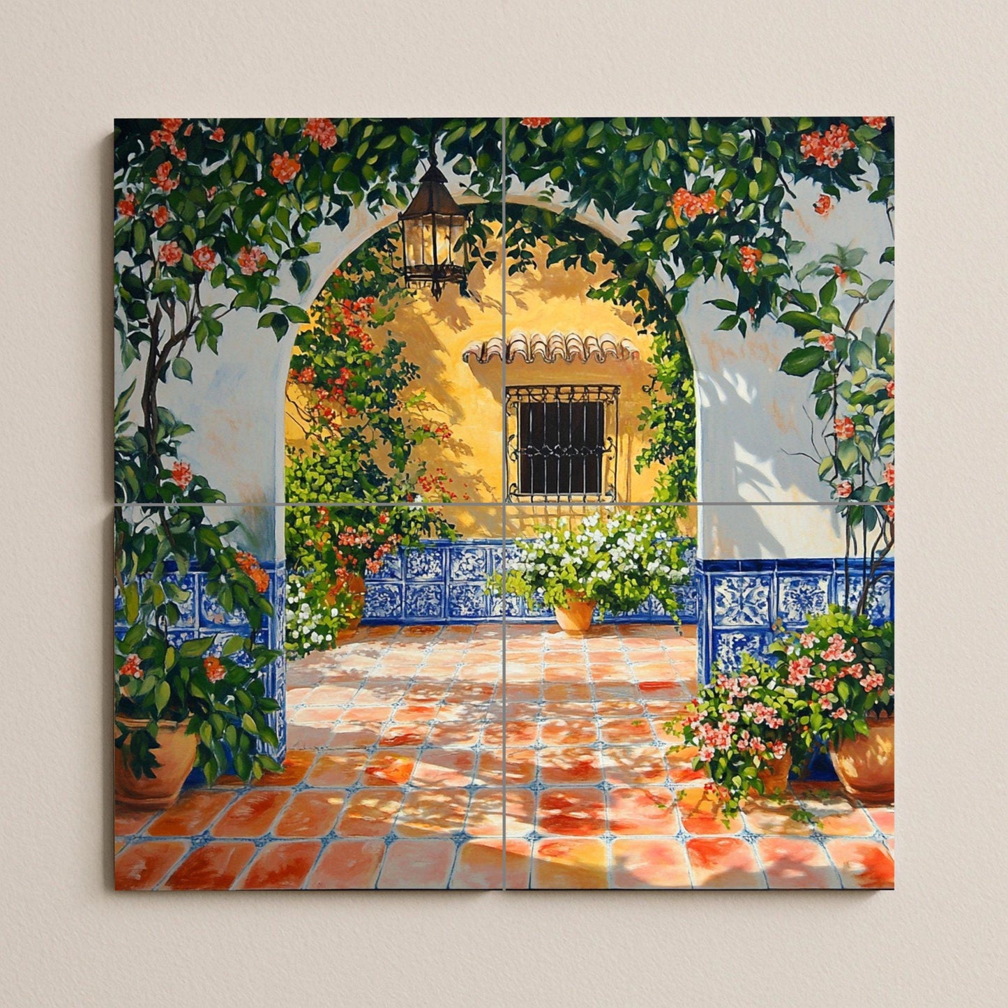 Ceramic mural with sunny patio and blue tiled arch: Mediterranean patio scene with flowers, lantern and terracotta floor.