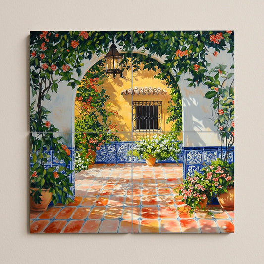 Ceramic mural with sunny patio and blue tiled arch: Mediterranean patio scene with flowers, lantern and terracotta floor.