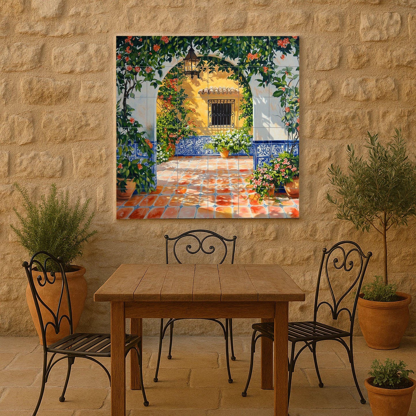 Ceramic mural with sunny patio and blue tiled arch: Mediterranean patio scene with flowers, lantern and terracotta floor.