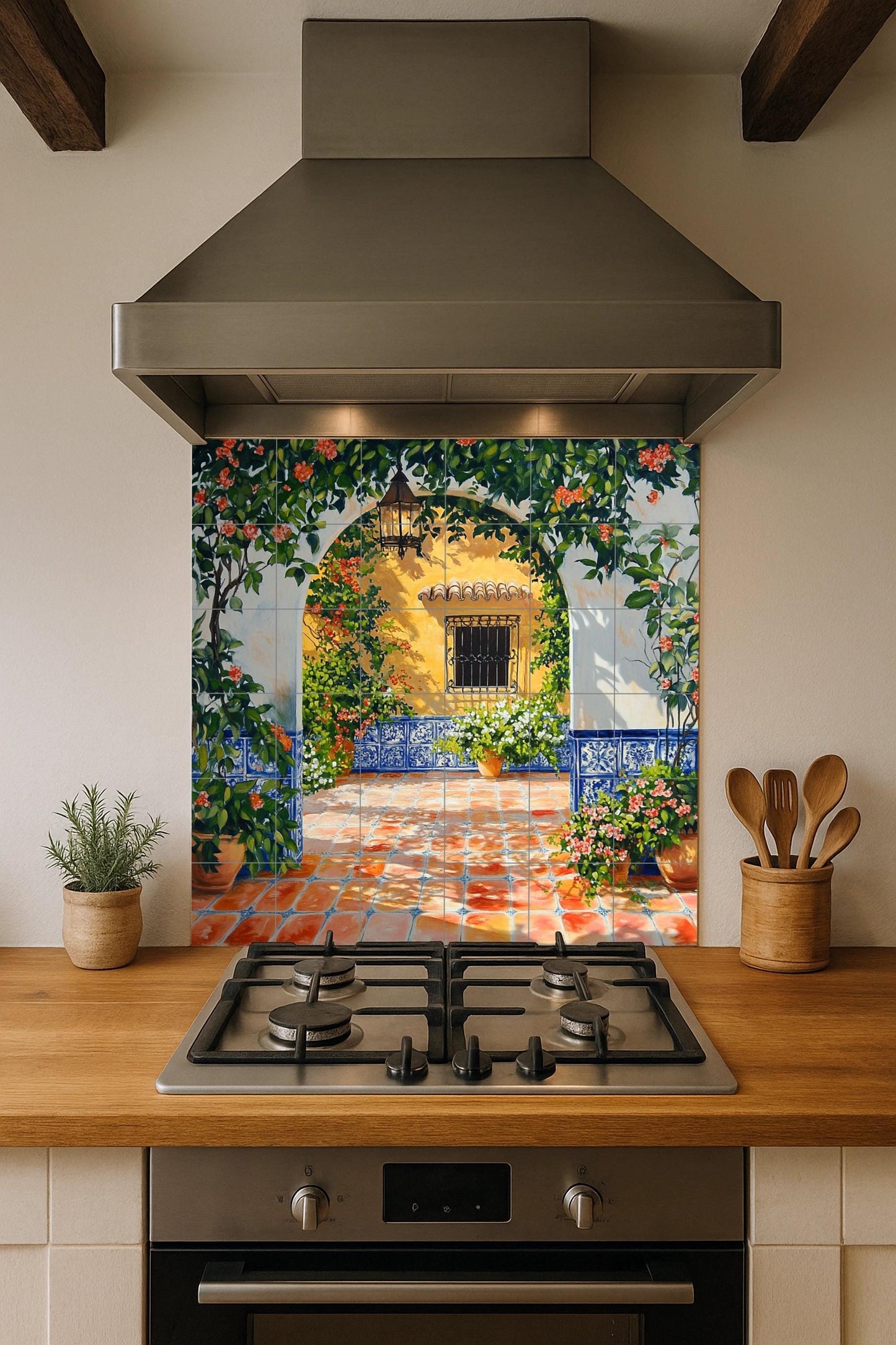 Ceramic mural with sunny patio and blue tiled arch: Mediterranean patio scene with flowers, lantern and terracotta floor.
