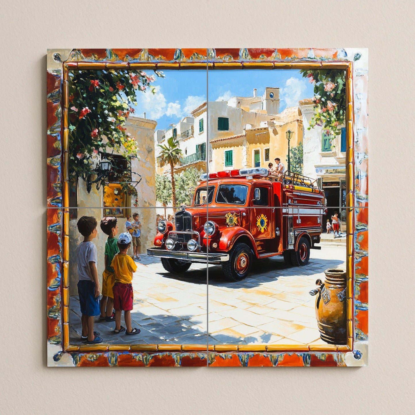 Ceramic mural with an old fire truck in a Mediterranean village: decorative artwork with colorful tiles, children and a sunny street.
