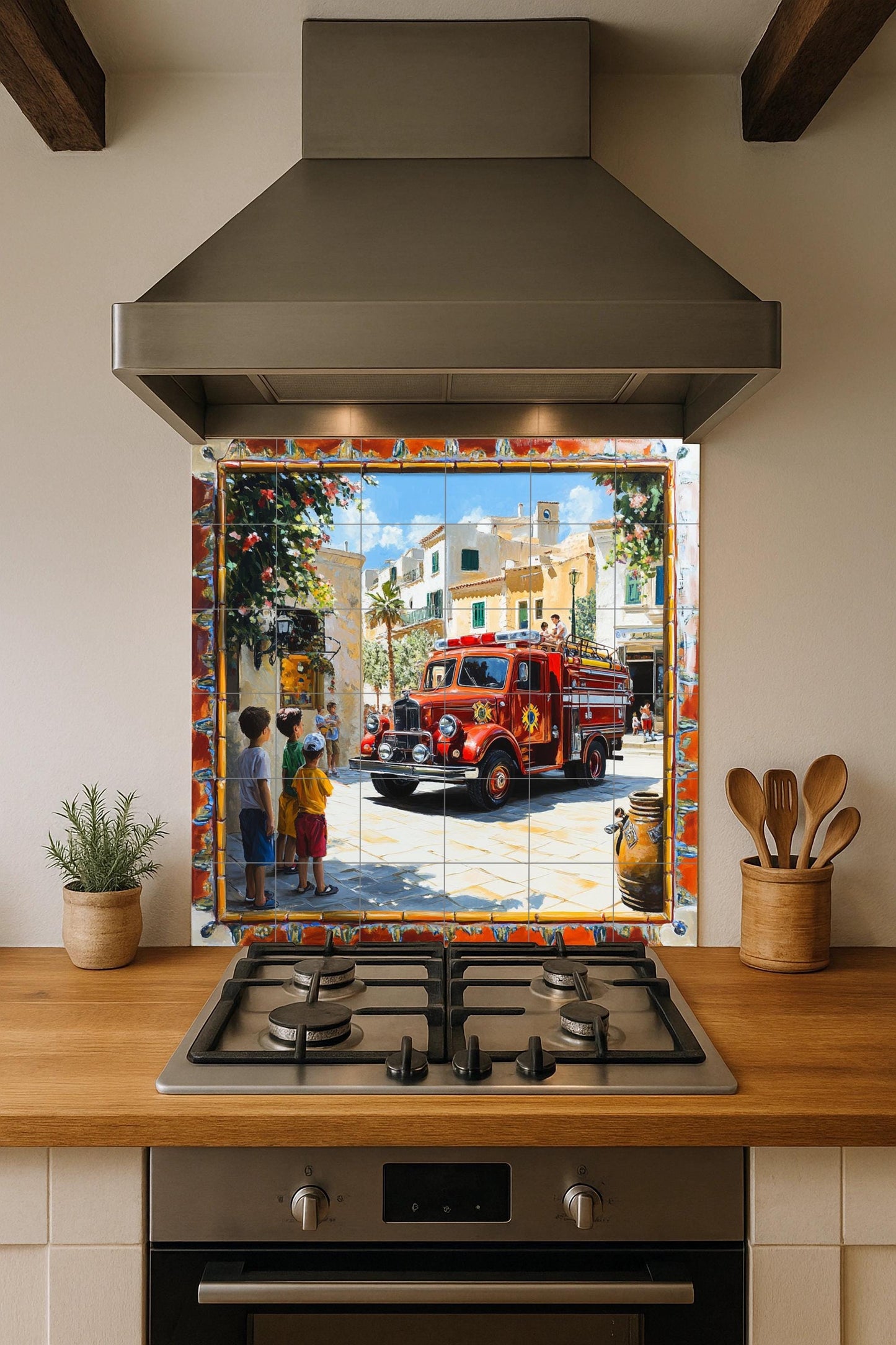 Ceramic mural with an old fire truck in a Mediterranean village: decorative artwork with colorful tiles, children and a sunny street.