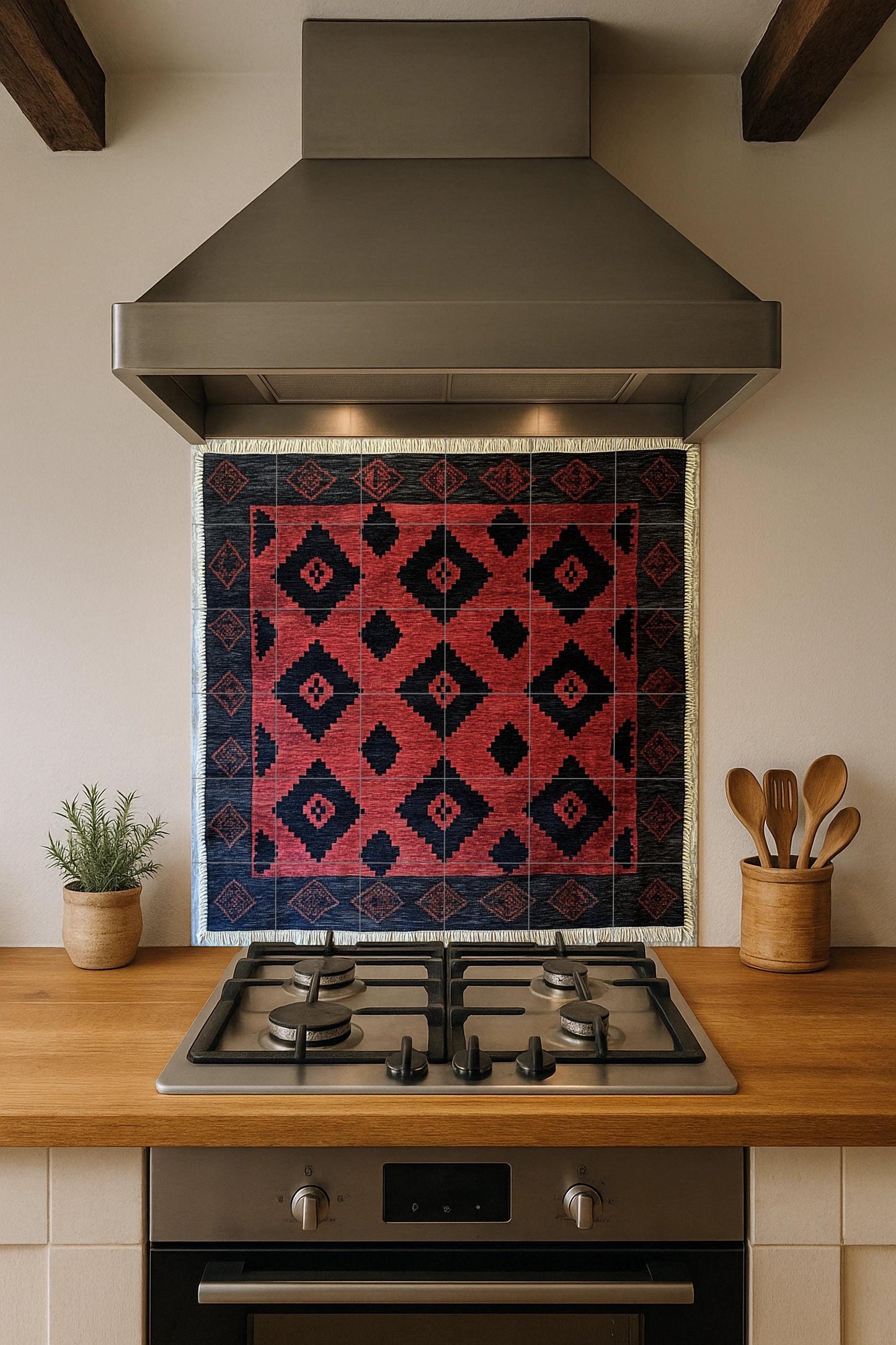Argentine gaucho poncho ceramic mural with red and black diamond motifs and border pattern inspired by pampa weaving