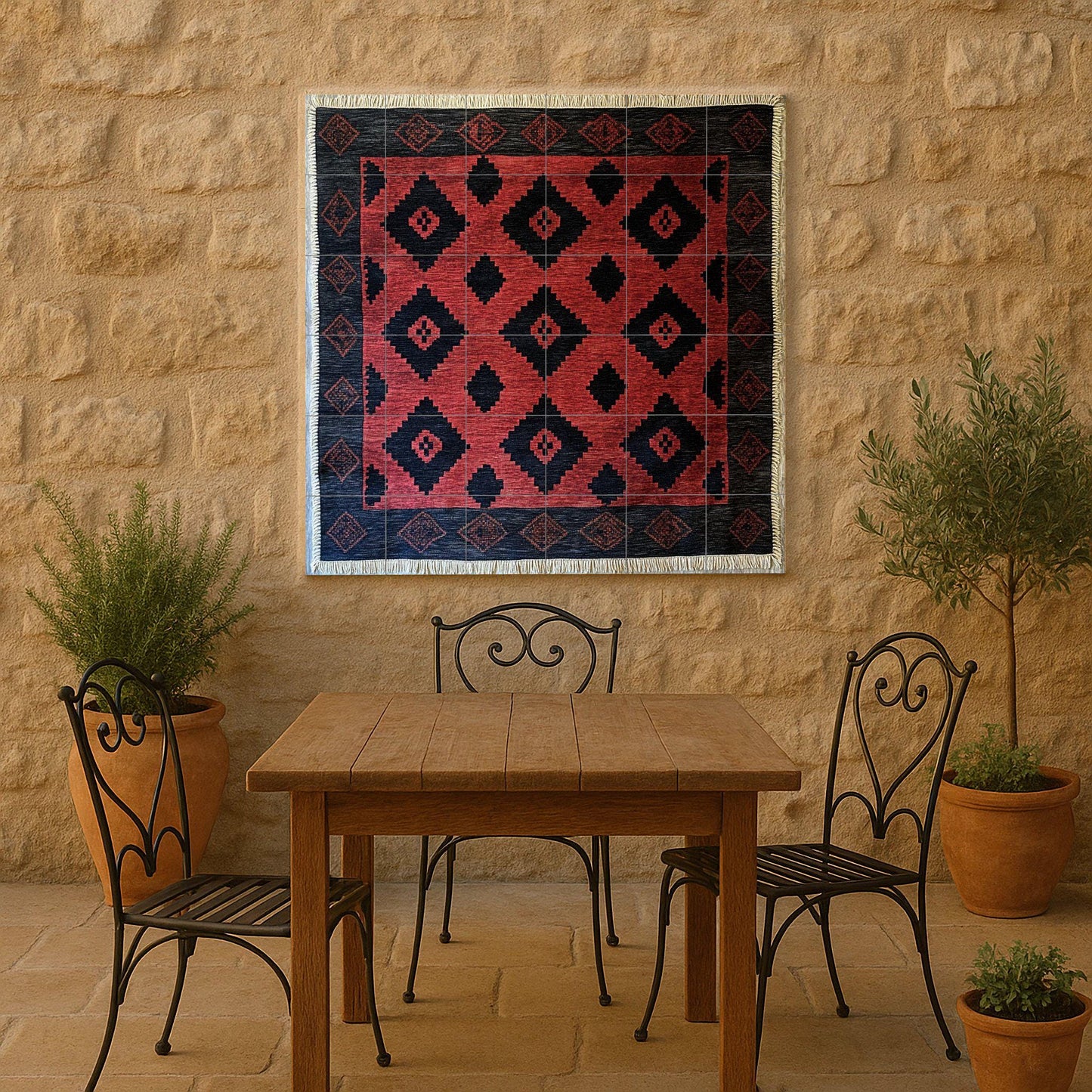 Argentine gaucho poncho ceramic mural with red and black diamond motifs and border pattern inspired by pampa weaving