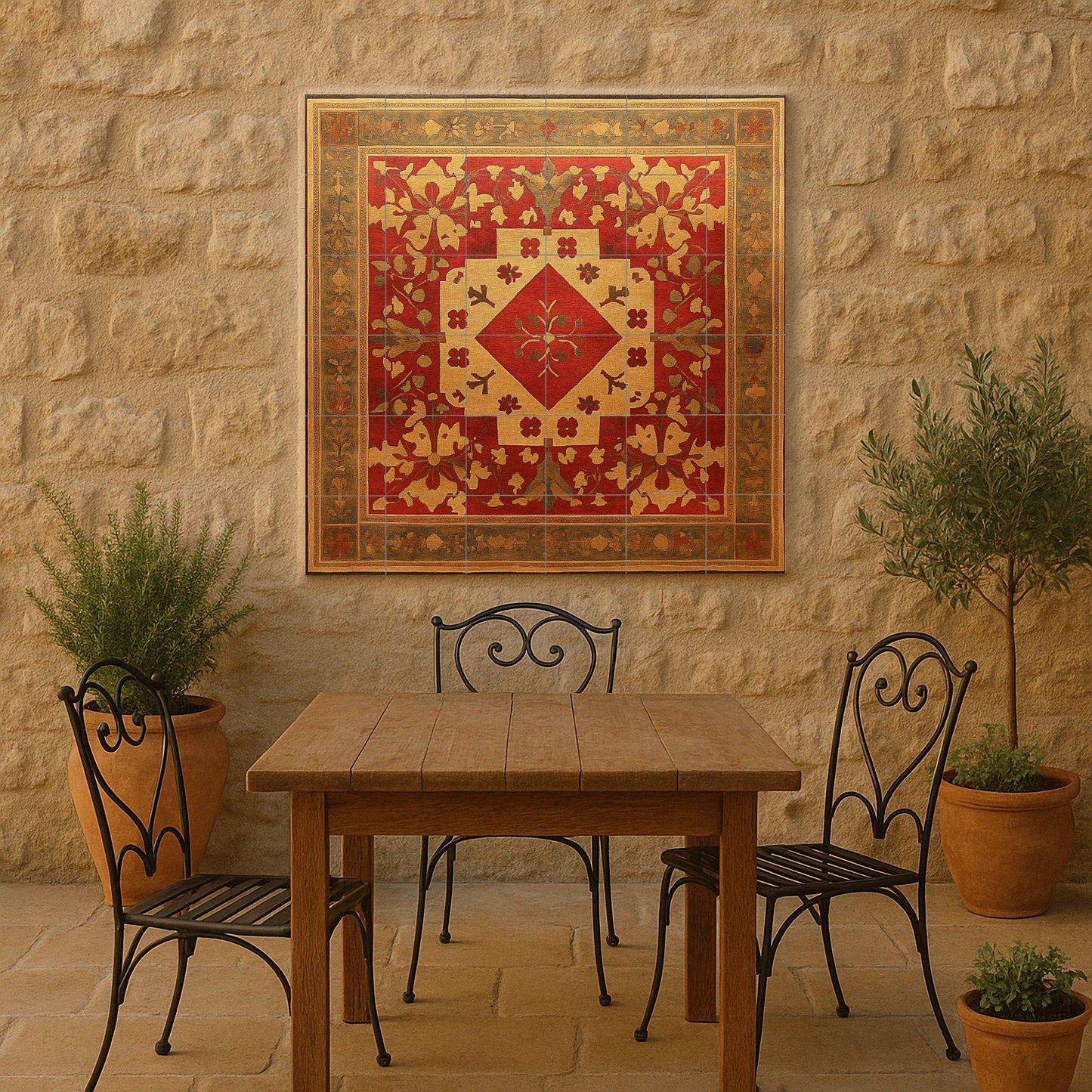 Armenian ceramic mural with motifs of crosses, golden rosettes, red geometric centerpiece and ornamentation of illuminated vines.