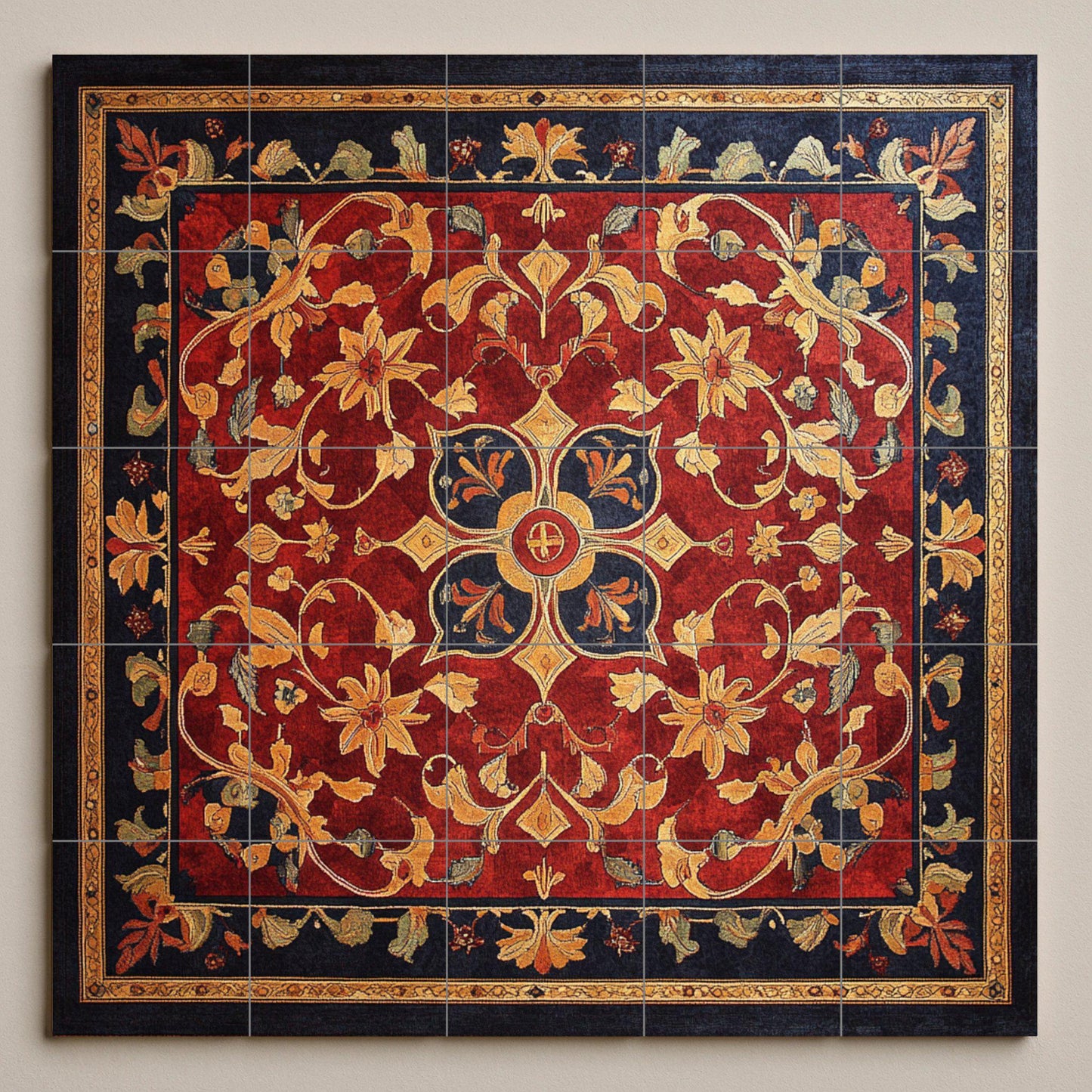Ornamental ceramic mural with golden floral design and red tapestry: decorative tile artwork of majestic elegance.