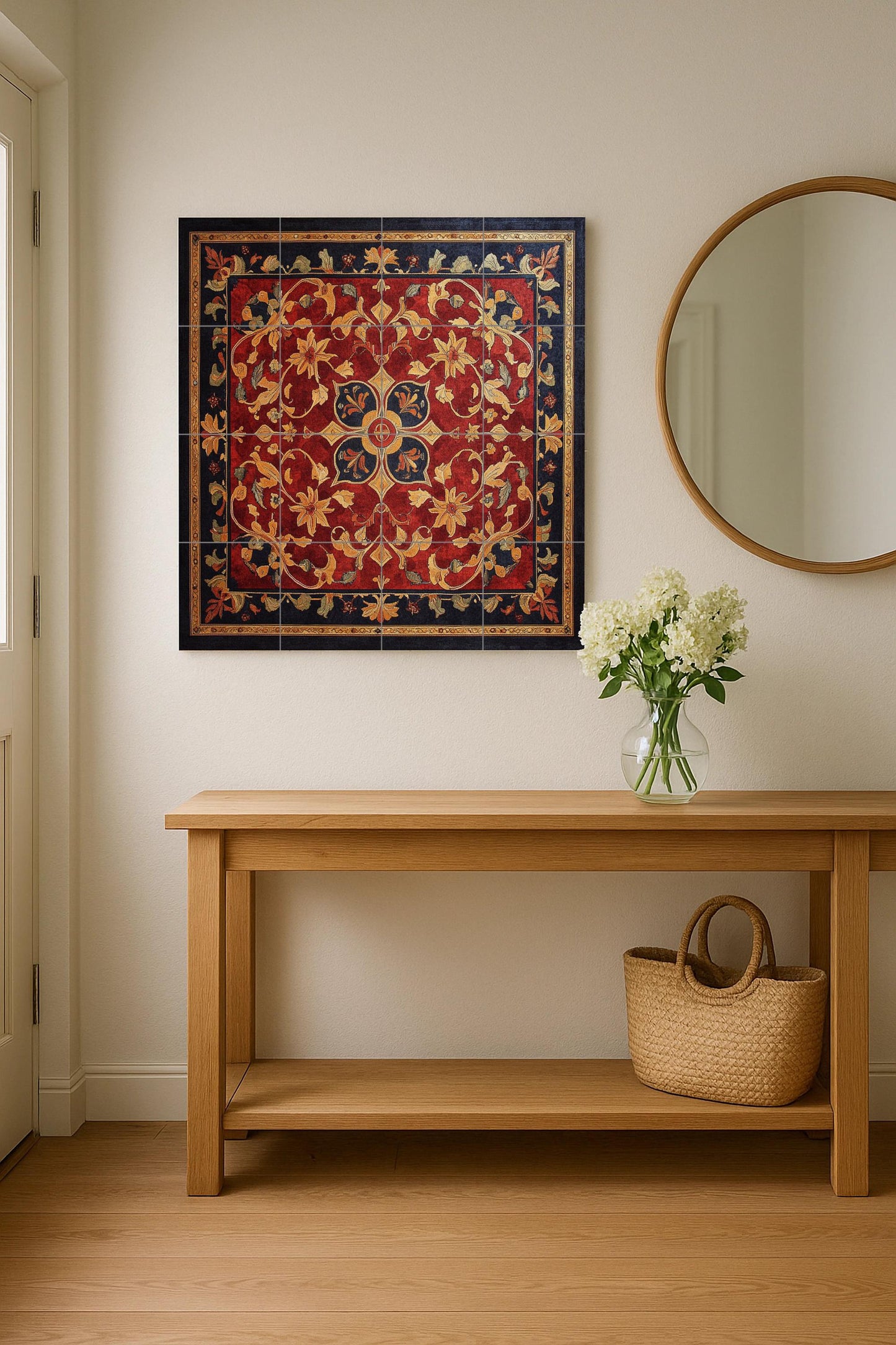Ornamental ceramic mural with golden floral design and red tapestry: decorative tile artwork of majestic elegance.