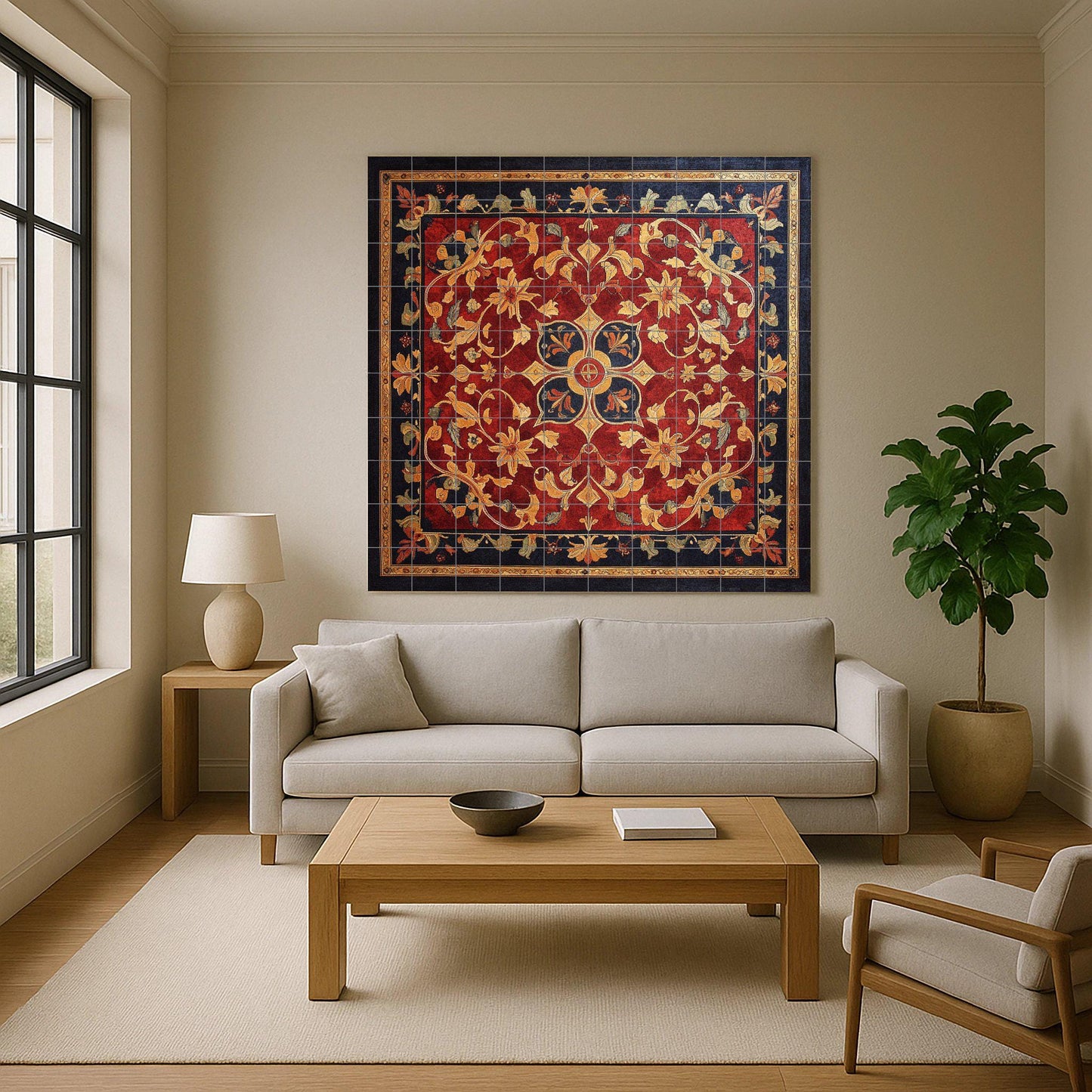 Ornamental ceramic mural with golden floral design and red tapestry: decorative tile artwork of majestic elegance.