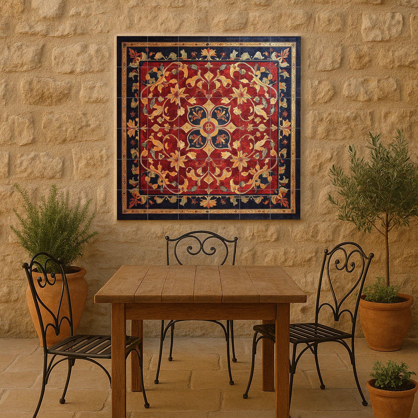 Ornamental ceramic mural with golden floral design and red tapestry: decorative tile artwork of majestic elegance.