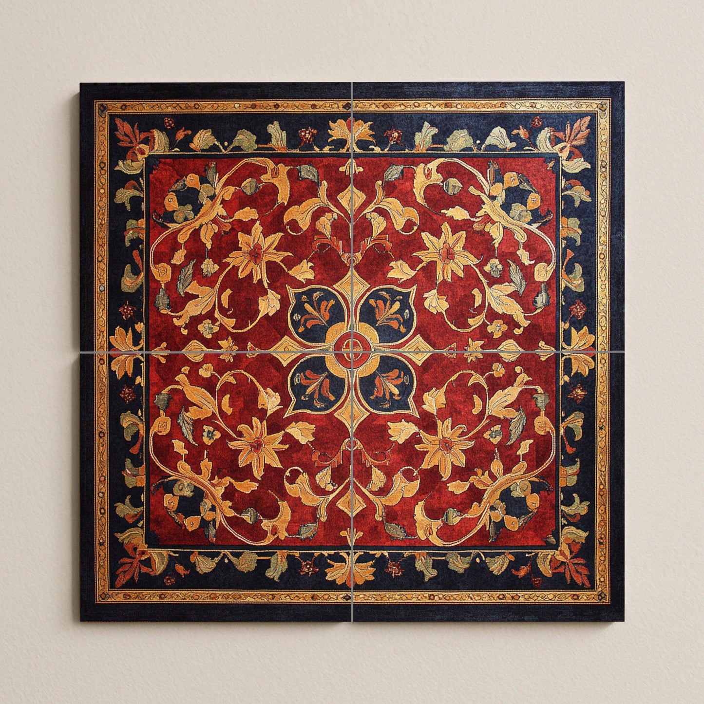 Ornamental ceramic mural with golden floral design and red tapestry: decorative tile artwork of majestic elegance.