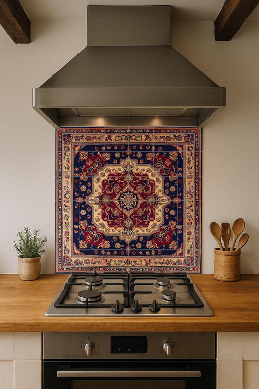 Shiraz Persian ceramic mural with a rich floral medallion and decorative tiles in red and navy blue, wall art inspired by traditional carpets.