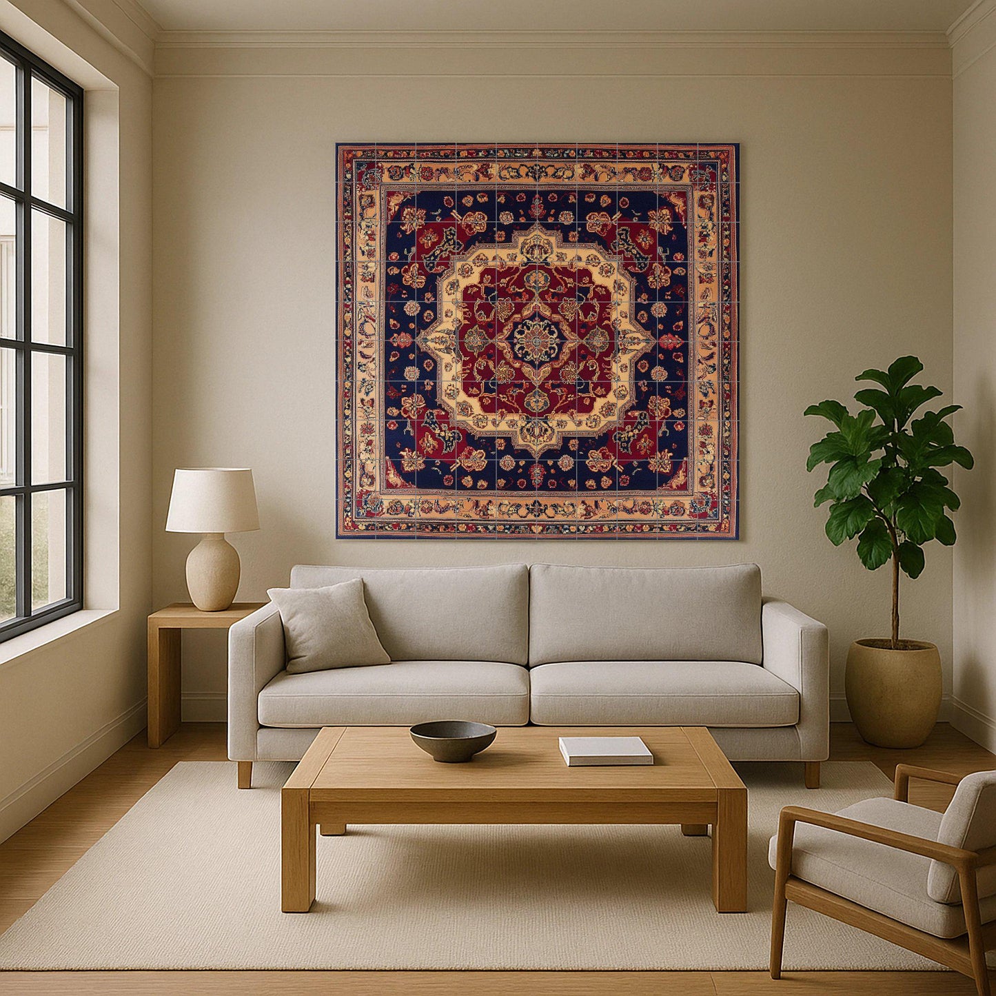 Shiraz Persian ceramic mural with a rich floral medallion and decorative tiles in red and navy blue, wall art inspired by traditional carpets.