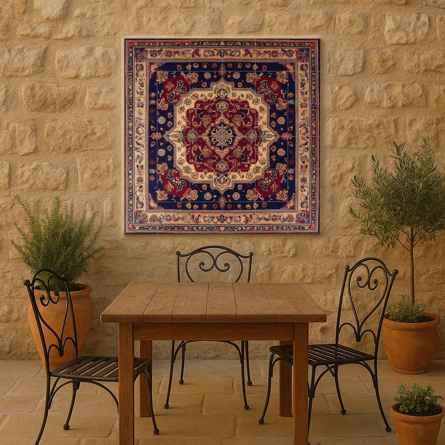 Shiraz Persian ceramic mural with a rich floral medallion and decorative tiles in red and navy blue, wall art inspired by traditional carpets.