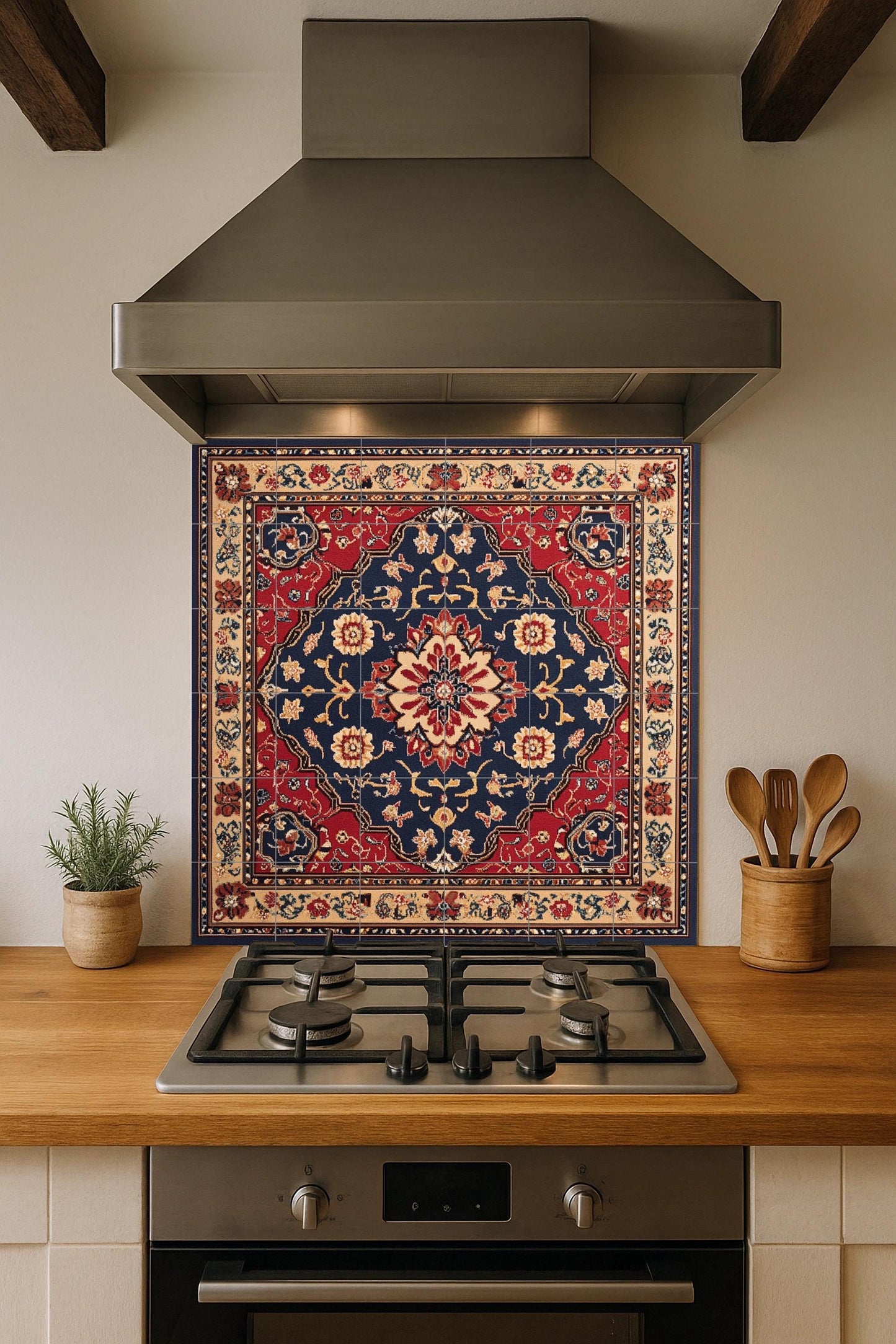 Persian ceramic mural from Mashhad with ornamental medallion and deep red and navy blue tiles, wall art inspired by traditional floral carpets.