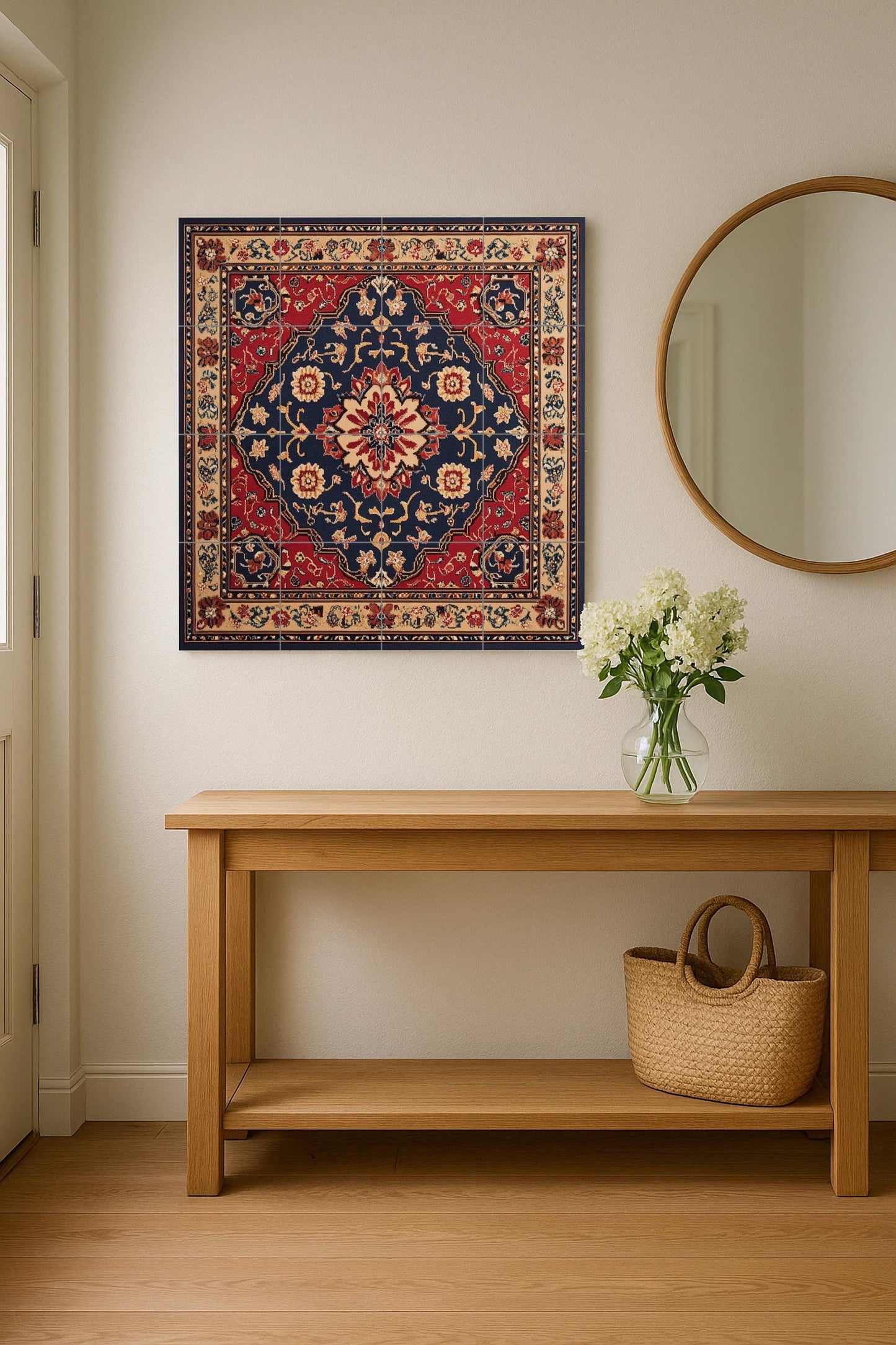 Persian ceramic mural from Mashhad with ornamental medallion and deep red and navy blue tiles, wall art inspired by traditional floral carpets.