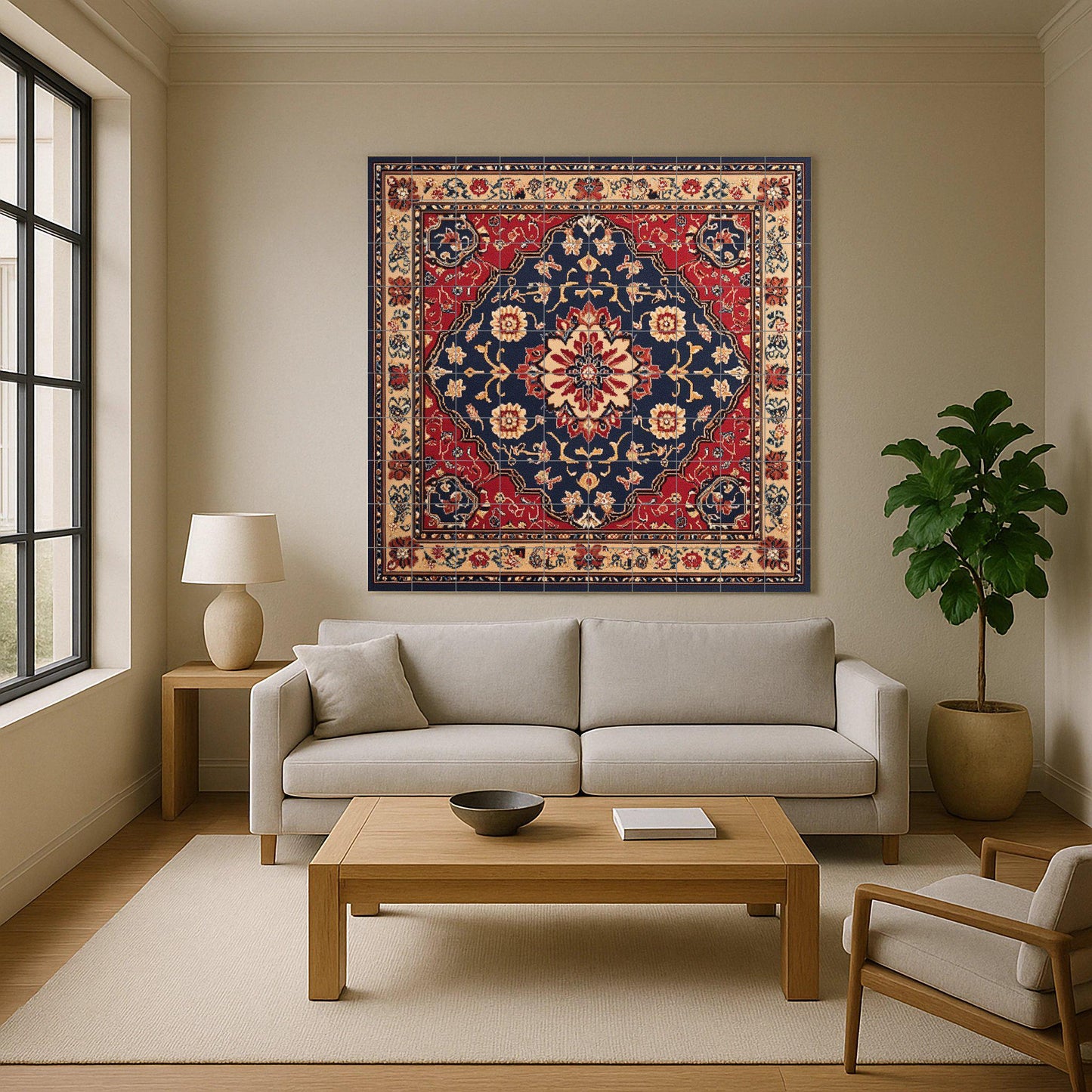 Persian ceramic mural from Mashhad with ornamental medallion and deep red and navy blue tiles, wall art inspired by traditional floral carpets.