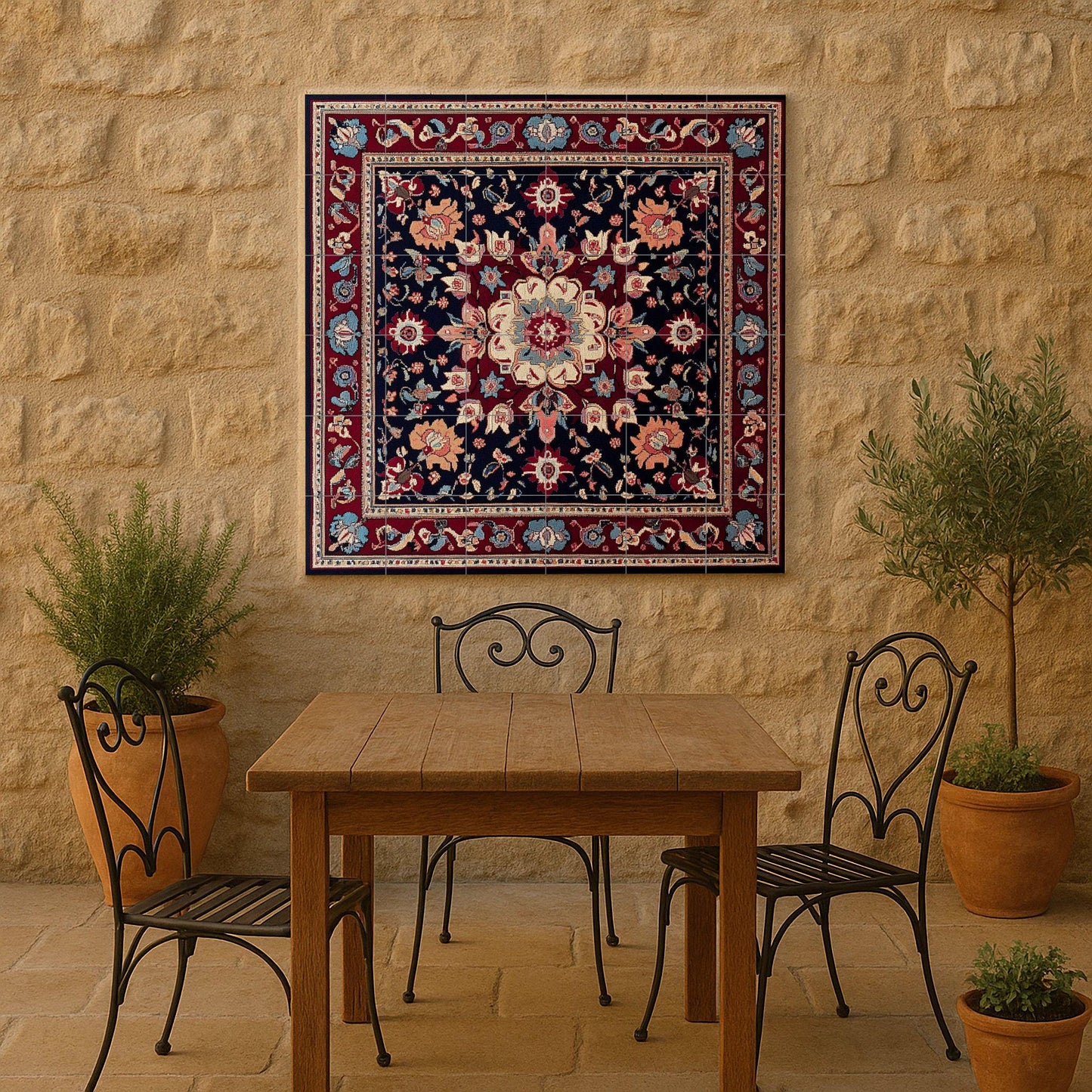 Lebanese ceramic mural from Beirut with a floral medallion and tiles in indigo and crimson tones. Decorative art of oriental inspiration.
