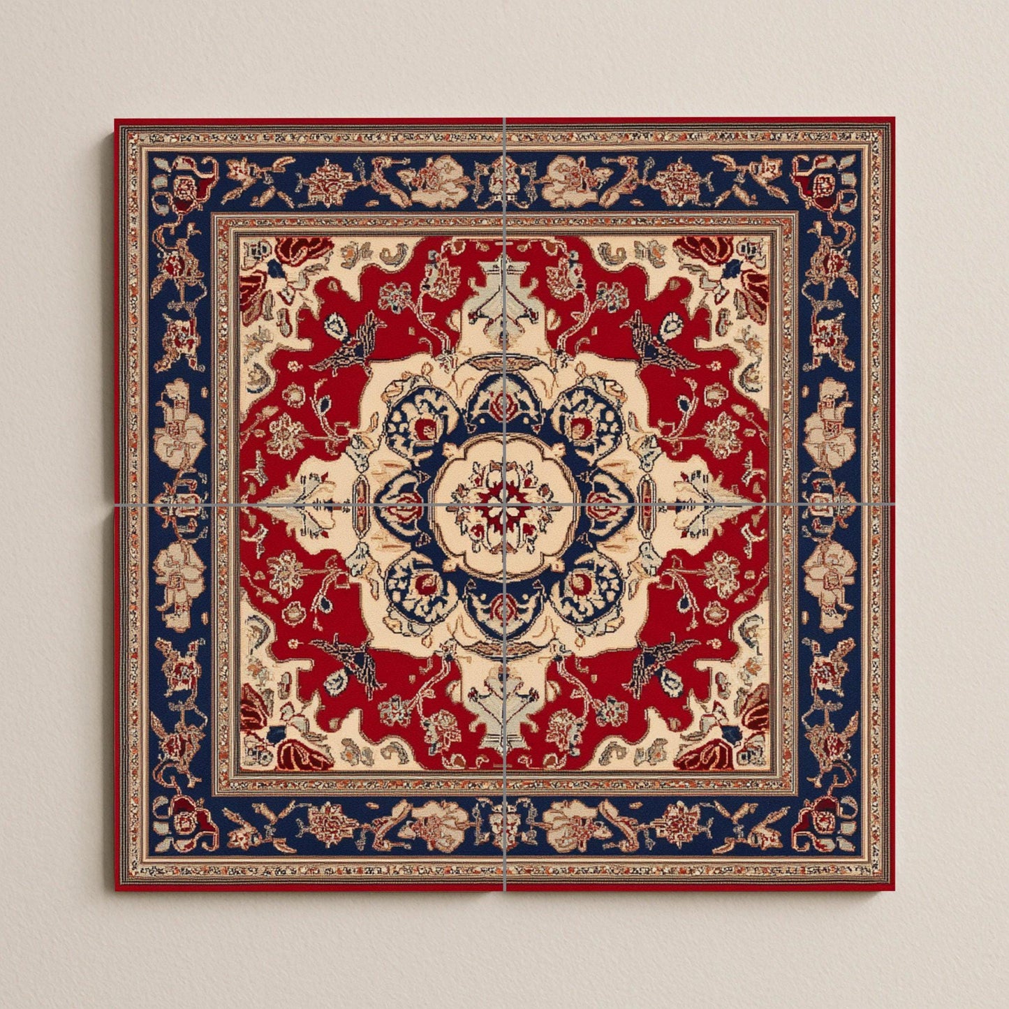 Azerbaijani ceramic mural with ornamental medallion and decorative tiles in deep red and indigo, mural art with traditional motifs.