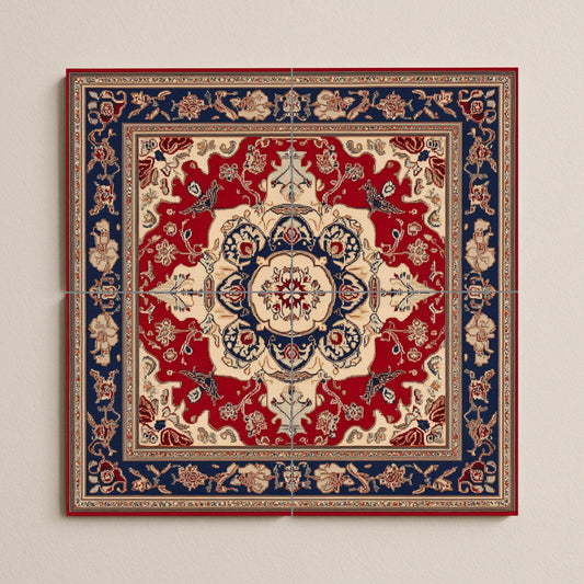 Azerbaijani ceramic mural with ornamental medallion and decorative tiles in deep red and indigo, mural art with traditional motifs.