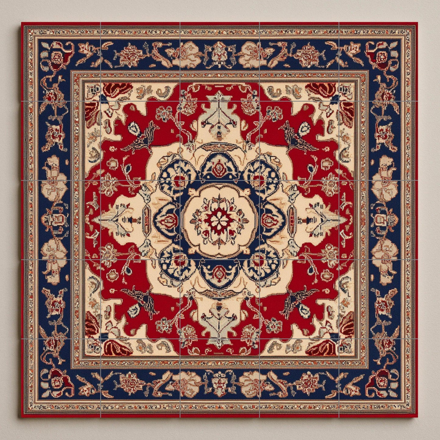 Azerbaijani ceramic mural with ornamental medallion and decorative tiles in deep red and indigo, mural art with traditional motifs.