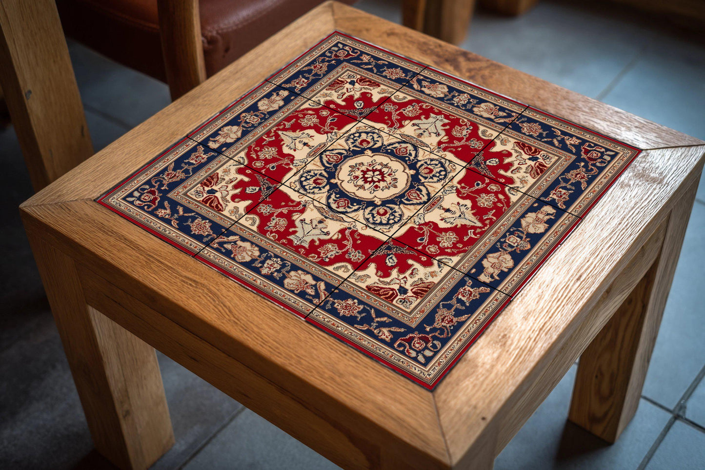 Azerbaijani ceramic mural with ornamental medallion and decorative tiles in deep red and indigo, mural art with traditional motifs.